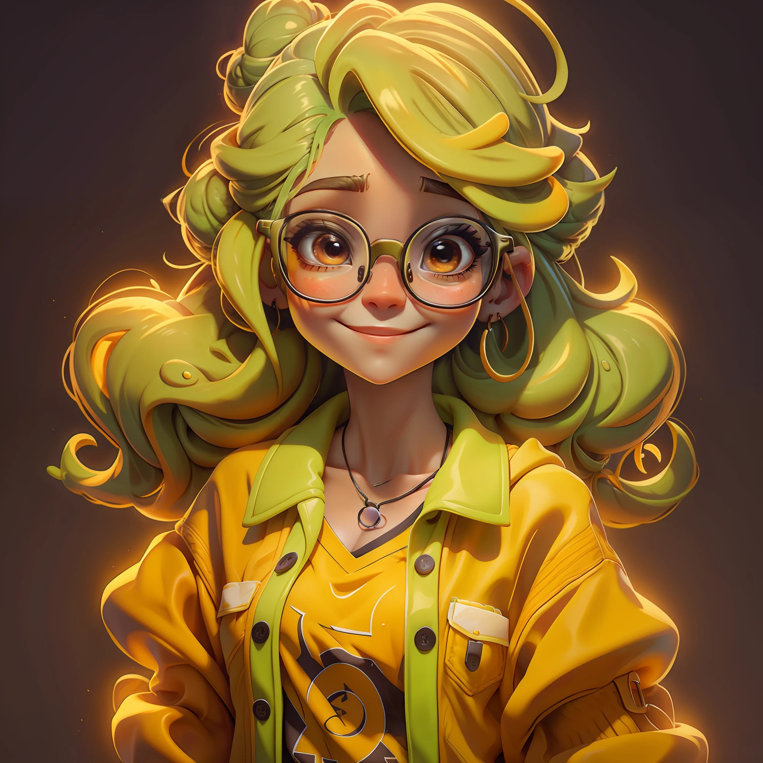 Lodo, (Lodo), Eyeglasses, Slime cabelo curto bun estilo de cabelo, Laranja de Portland, roupas neon, master part, best quality