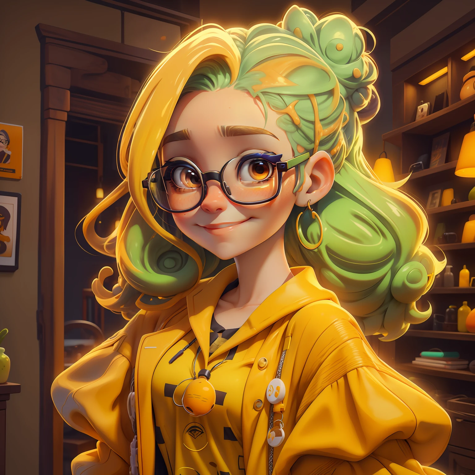 Lodo, (Lodo), Eyeglasses, Slime cabelo curto bun estilo de cabelo, Laranja de Portland, roupas neon, master part, best quality