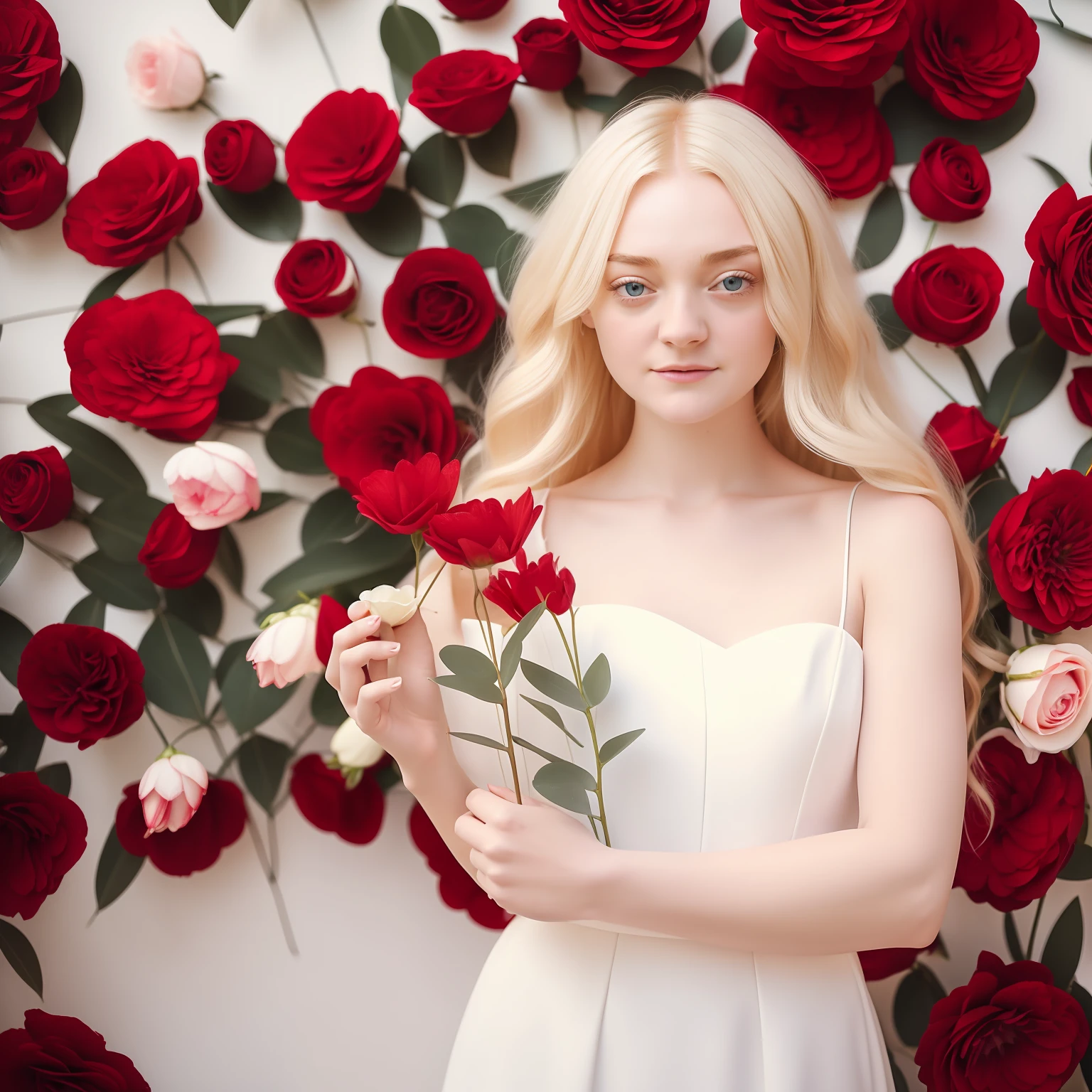 blond woman in white dress holding a red flower in front of a plant, with flowers, holding a flower, dakota fanning, woman in flowers, photoshoot for skincare brand, with frozen flowers around her, soft portrait shot 8 k, female portrait with flowers, james jean soft light 4k, james jean soft light 4 k, flowers in background, a still of an ethereal