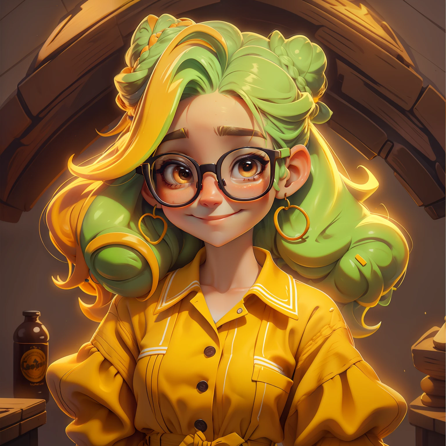 menina Lodo, (Lodo), Eyeglasses, Slime cabelo curto bun estilo de cabelo, Laranja de Portland, roupas neon, master part, best quality