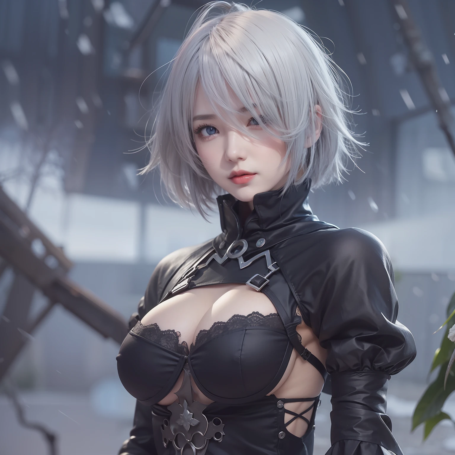 The nipple is visible、Show the pubic area、pubick hair、toppless、Show the pubic area、no-bra、No panties、sensual breasts、Show your butt、Nier Automata、Yoruha Different。 2 Type B、1人、wlop、2b、shairband、Hi-Res、Nier(Series)、Nier Automata、red-lips、Shaded face、short-hair、独奏、high-necked、Ash hair、Blue eyes、snow field
