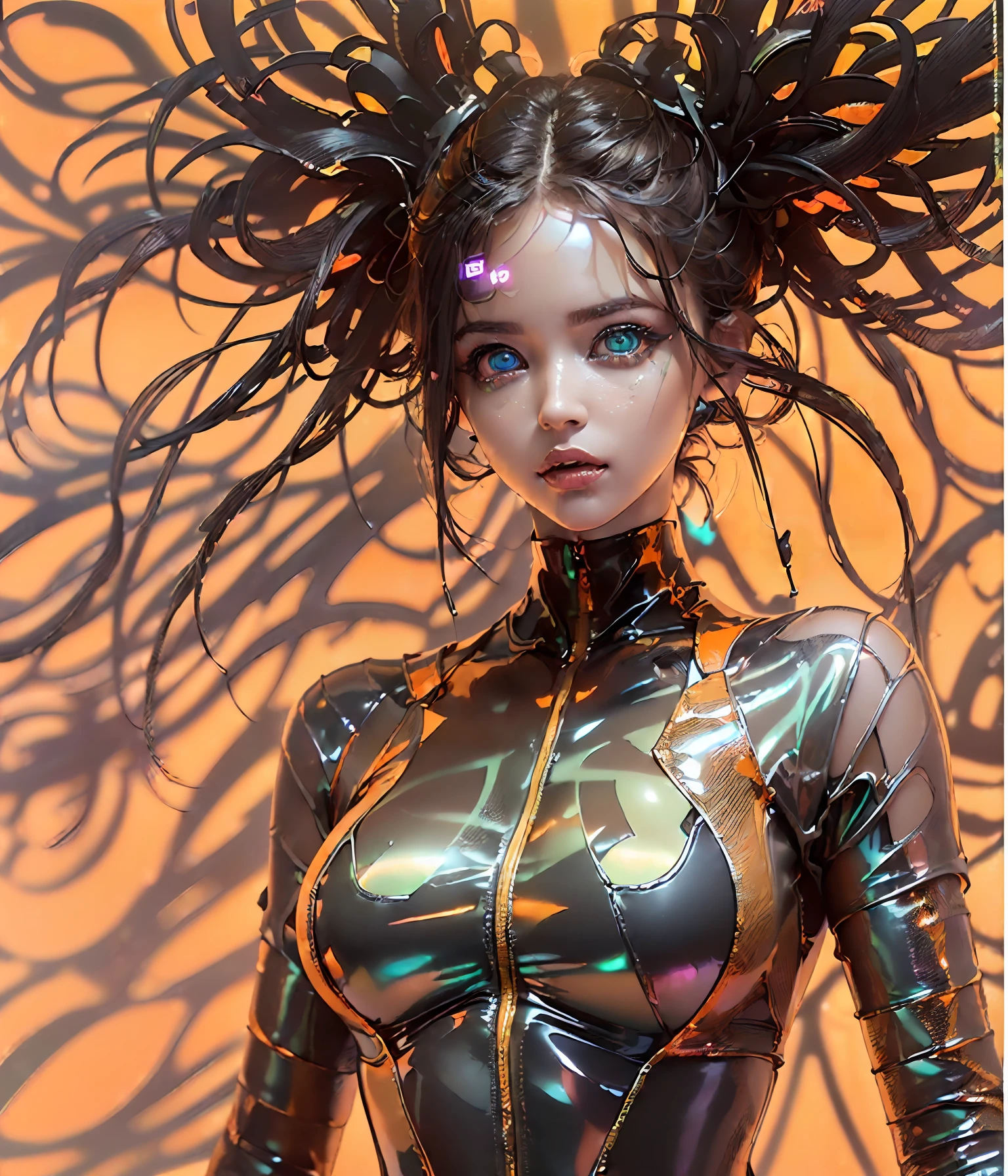(((Perfect Portrait shot of Girl))), ((extremely long flowing curly cyberpunk hair)), best image quality, masterpiece, super high resolution, (fidelity:1.4), photo, (((1 girl))) dim, darkness, movie, (translucent futuristic black outfit and clothes:1.5), (translucent clothes:1.4), ((cyberpunk)), cyber gear, ((robot)), apocalypse, futuristic, (((overly large hanging breasts))), ((perfect and sharp facial features ((portrait)), (((dynamic shot))), ((perfect body)), ((award winning super realistic photo)), (((extremely tight orange reflective shiny latex))), (((textured pastel color background, colourful, vibrant, ((gorgeous perfect reflective eyes))