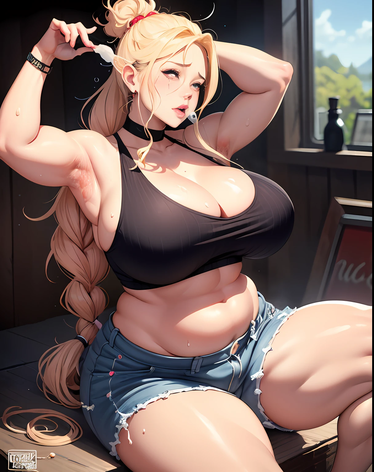 Hot mom,独奏,(:1.3),thick thight,upper legs,Wide buttock,dent in the skin,dual horsetail,curlies,ssmile,cheerfulness,(Red transparent three-point type:1.2),cparted lips,plumw,exposed midriff,protruding areolas,gigantic cleavage breasts,4K,realistic humid skin,Armpits,Large curved hips,a variety of poses,Stick out a very long tongue,Fleshy figure,with perfect legs,Hypertrophic,protruding areolas,Bronzed skin,detailed lips,bubble butt,Dewy,mouth drool,Lick,Place your fingers between your legs,Hungry and thirsty housewives,erected,Wrinkles,gym room,Eyes look at the lens,is shy,Blushing aunt,Two braids,Smooth skin,A detailed face,Sweating of the armpits,is shy,Fitness,Drink water