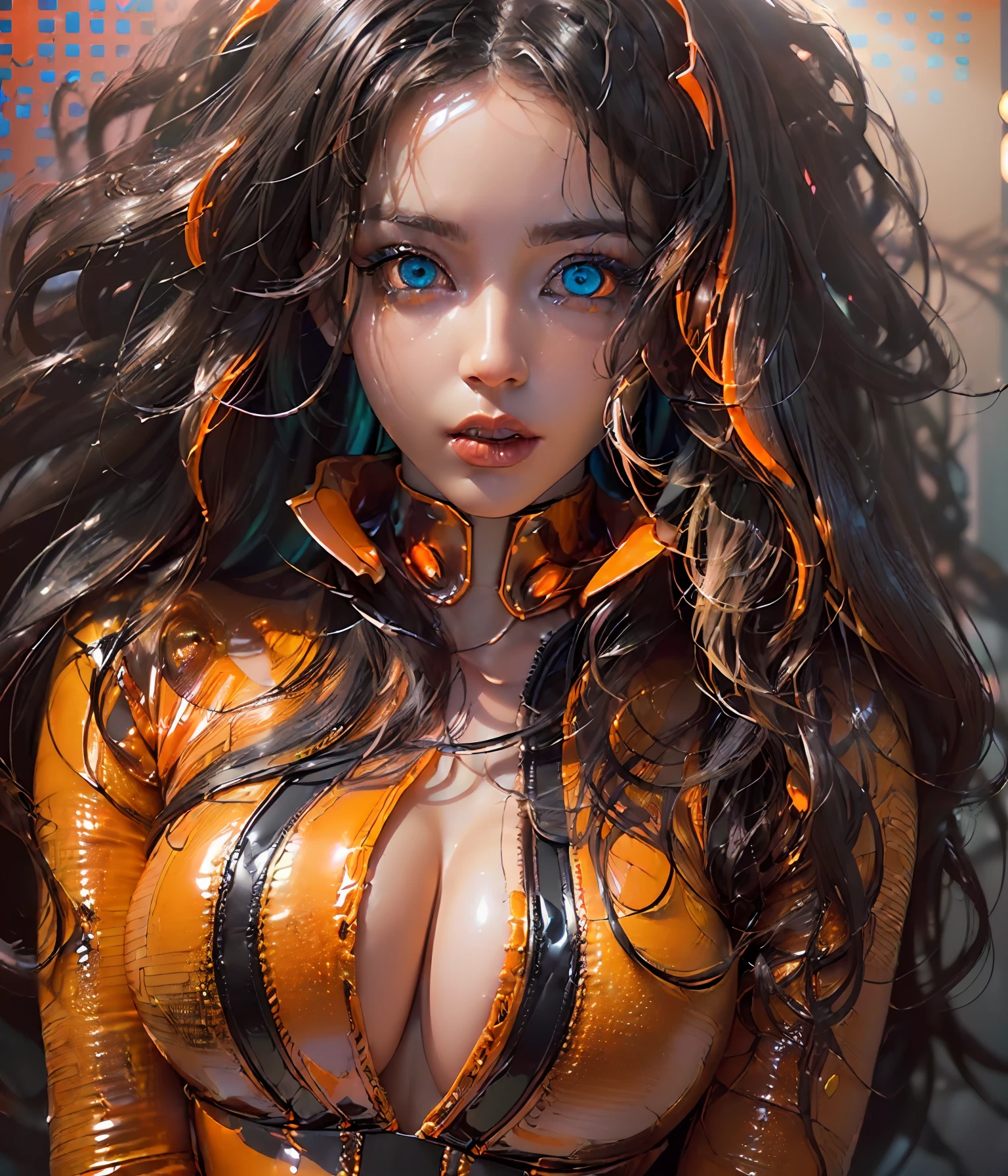 (((Perfect Portrait shot of Girl))), ((extremely long flowing curly cyberpunk hair)), best image quality, masterpiece, super high resolution, (fidelity:1.4), photo, (((1 girl))) dim, darkness, movie, (translucent futuristic black outfit and clothes:1.5), (translucent clothes:1.4), ((cyberpunk)), cyber gear, ((robot)), apocalypse, futuristic, (((overly large hanging breasts))), ((perfect and sharp facial features ((portrait)), (((dynamic shot))), ((perfect body)), ((award winning super realistic photo)), (((extremely tight orange reflective shiny latex))), (((textured pastel color background, colourful, vibrant, ((gorgeous perfect reflective eyes))