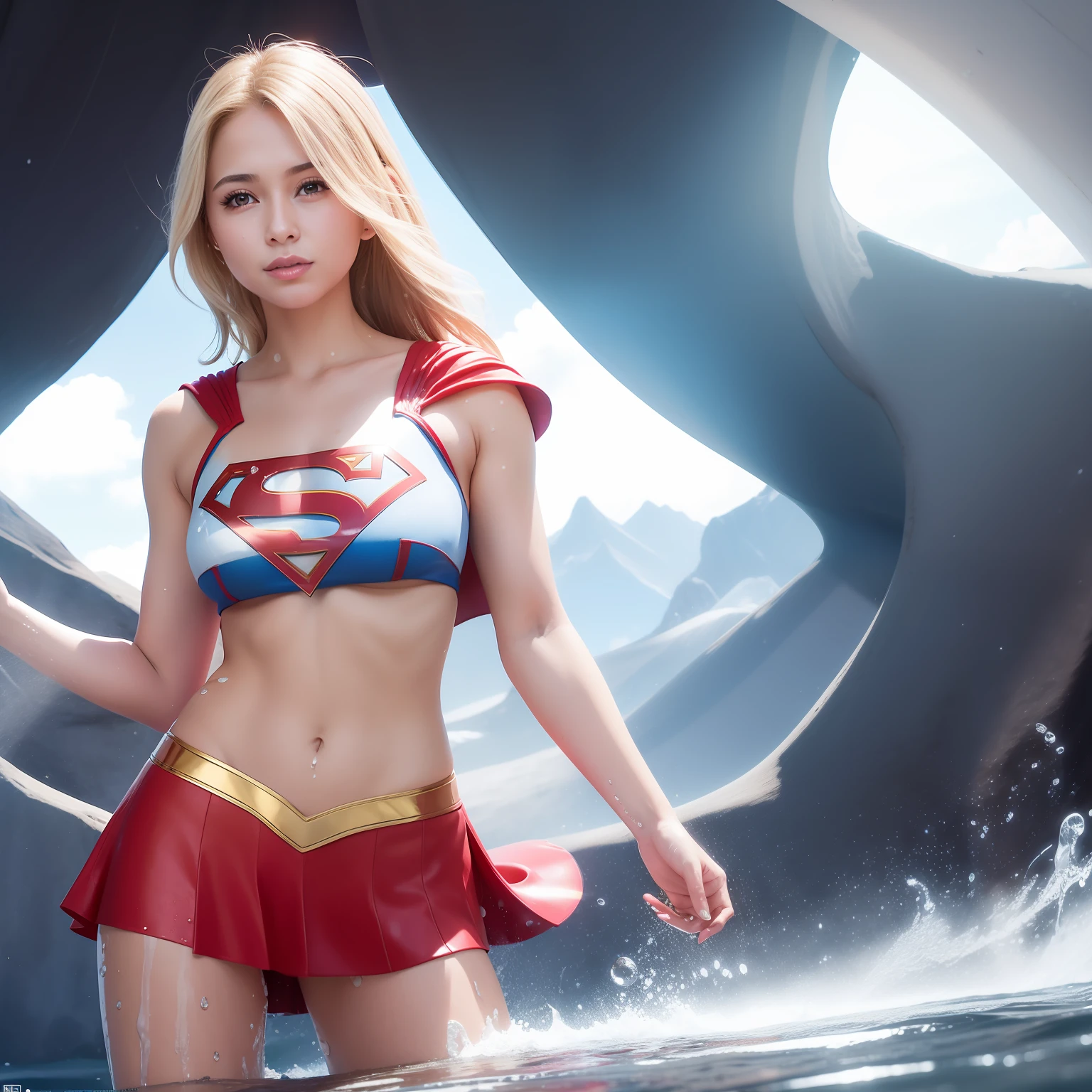 Supergirl, sentada em uma cama, quente com sol brilhante, covered in water drops, pele branca leitos, realista, pingando molhado, olhar molhado, thick white fluid throughout the body, best possible quality, super realista
