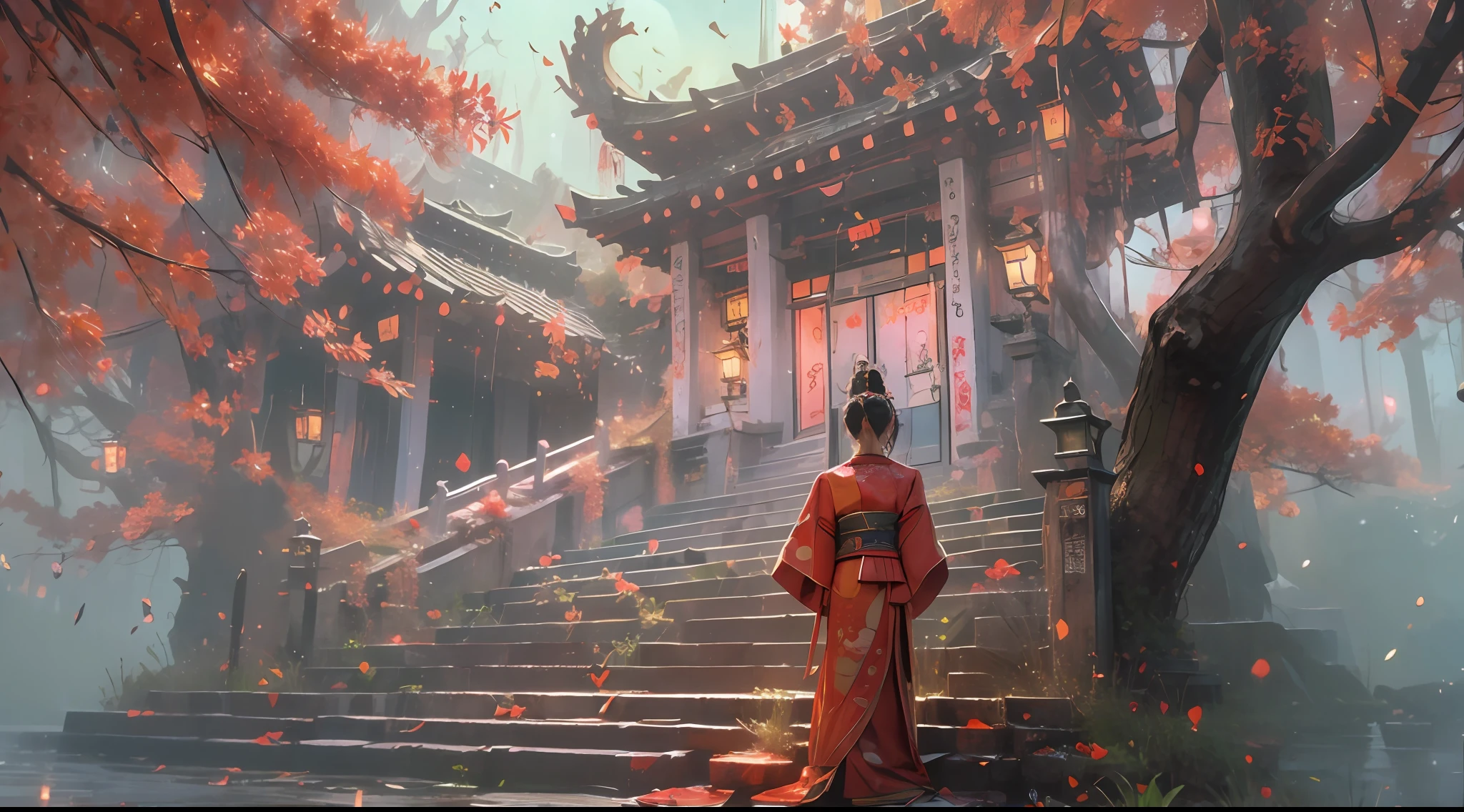 (tmasterpiece:1.2),best qualtiy,realisticlying,Tyndall effect,Underworld marriage,Spooky atmosphere,natta,Red palace lamp, The tree, scenecy, exteriors, "Young, Handsome and beautiful aristocratic couple traveling in the underworld,Detailed eyes,Clear facial features",Japanese clothes, east asian architecture, buliding, Skysky, nigh sky, stairways,amaryllis