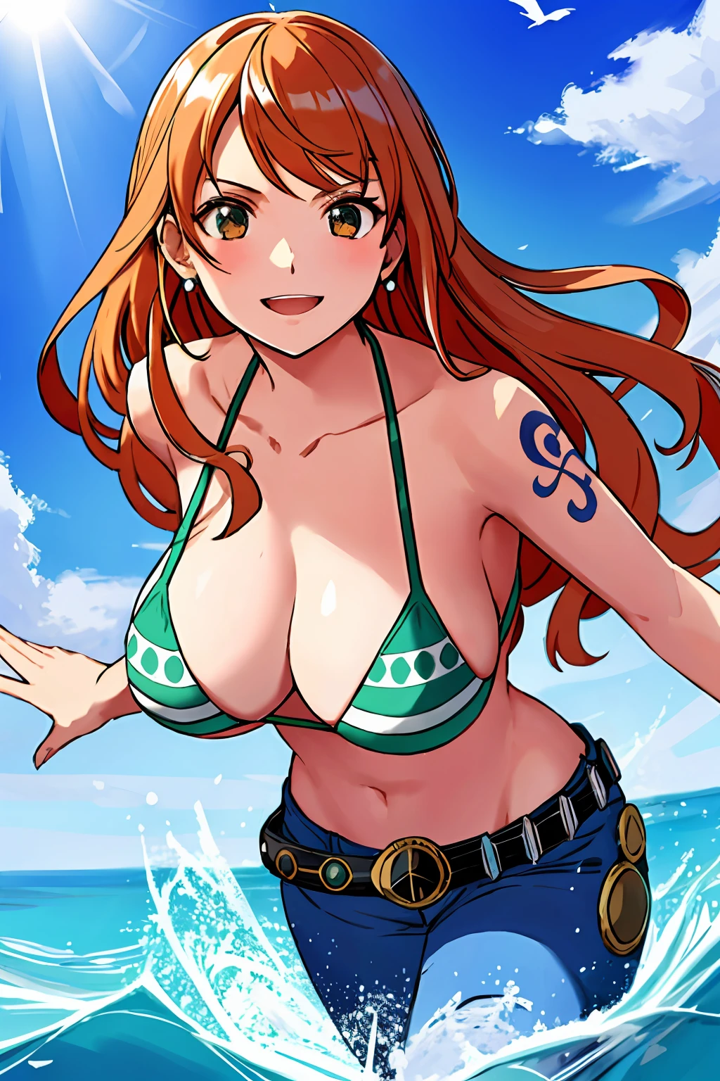 detailed background, masterpiece, 4k, epic, best quality, cheerful, late youth, adult, milf, athlete body, 1girl, active, energic, ((wide open mouth, folded legs, smile, lying on the ground, fully lying down, open eyes, hands spread sideway, jumping)) , solo, nami \(one piece\), 1girl, bangle, (very missy hair, tired, open mouth, feeling hot, tilting head, both hands spreadeagled, serious, hurt, glaring, open eyes, looking up, perfect detailed face, detailed round face) bold drawing lines, muscular arms, detailed bold body lines, flat jaw, adult woman, (wavy wide streaked bangs, floating bang, long left bangs ) (big cheeks), bare shoulders, off-shoulders, belt, bikini, bikini top only, blue sky, bracelet, springy breasts, breast lines, big round eyes, very big brown shiny eyes, bubbles, high eye position, cleavage, cloud, day, denim, earrings, floating hair, wavy hair, shiny hair, green belt, green bikini, bold groin lines, straw hat, long jeans, jewelry, medium breasts, log pose, long hair, looking at viewer, long navel, wet hair, orange hair, pants, shoulder tattoo, sidelocks, sky, solo, stomach, swimsuit, tattoo, detailed left arm, big forehead, hourglass figure, small head, toned body, wide hair, wind effect, sun effect, under the sun, narrow small ears angle, older, straight shot, water splashes