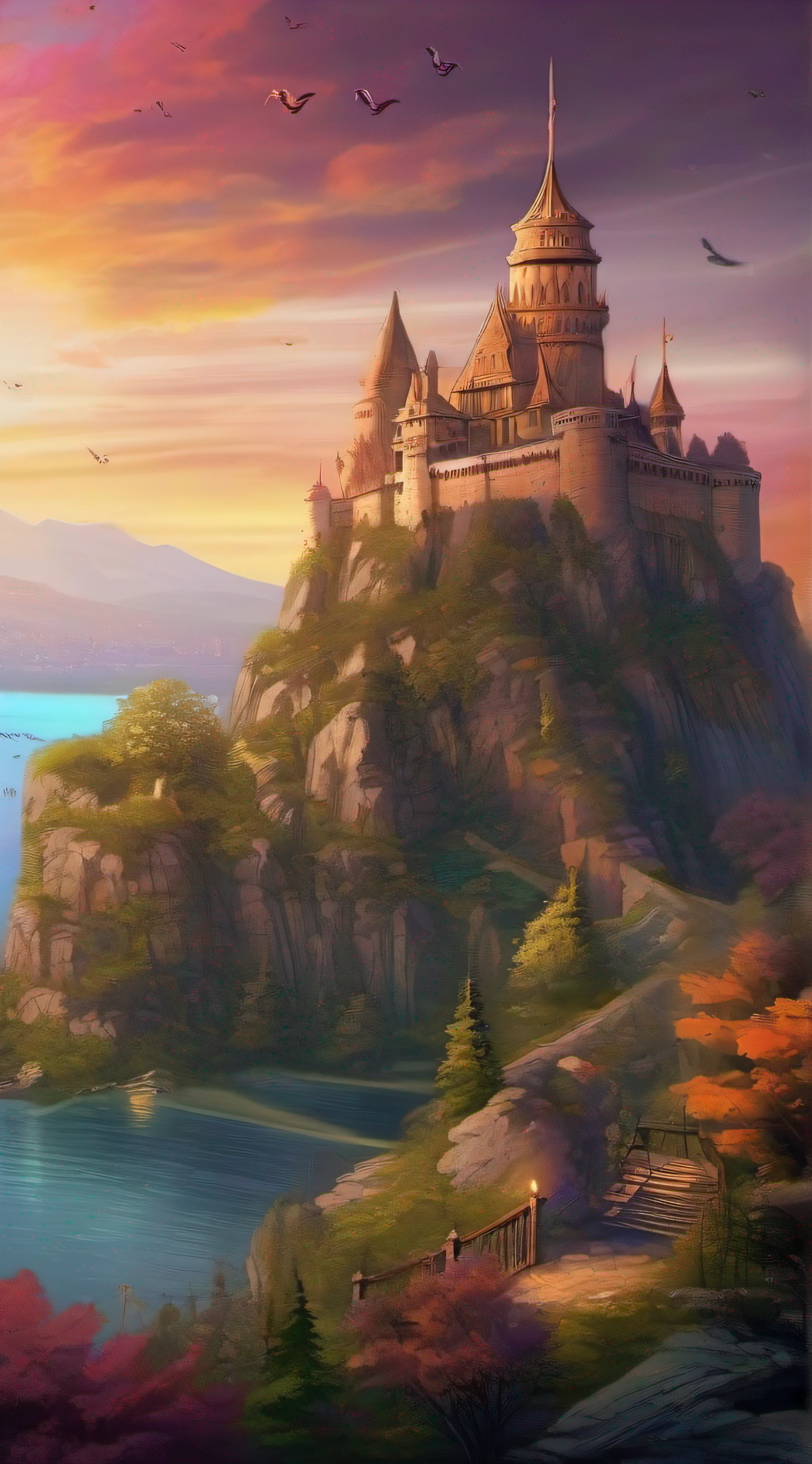 arafed castle on a hill overlooking a body of water, fantasy background, background artwork, amazing wallpaper, magnificent background, fantasy painting hd, beautiful wallpaper, hd wallpaper, high quality desktop wallpaper, digital art fantasy, dream scenery art, epic fantasy art style hd, fantasy art landscape, beautiful fantasy art, fantasy beautiful, hd fantasy art, breathtaking fantasy art, amazing background