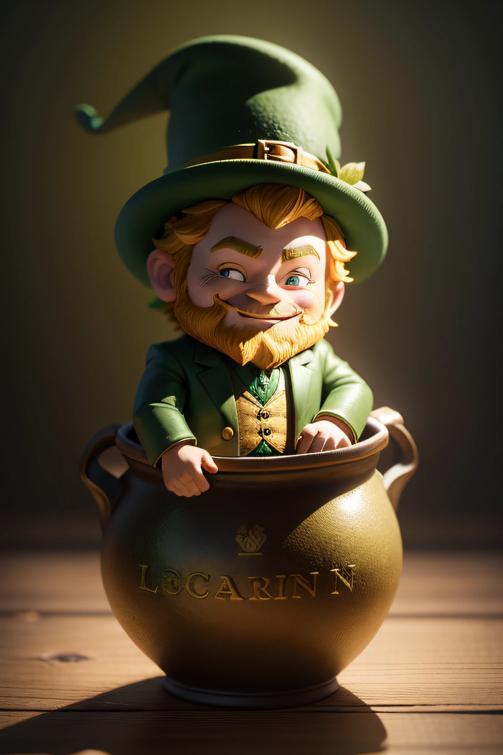 Create a chibi-style illustration of a leprechaun, an Irish folk character, propped up in a pot of gold in a 3D composition. The leprechaun should have lovely features, with a large head and bright eyes. He can wear a green hat with a golden ribbon and have a red beard. Your outfit can be a green suit with gold buttons and pointy shoes. O leprechaun deve estar sorrindo, with his small hands holding the edge of the pot of gold, conveying an expression of happiness and satisfaction. O pote de ouro pode ter detalhes em dourado, with a bright texture and realistic reflections to make it more attractive. The illustration can be finished with a green background, representando um campo ou floresta irlandesa, to emphasize the folk theme.