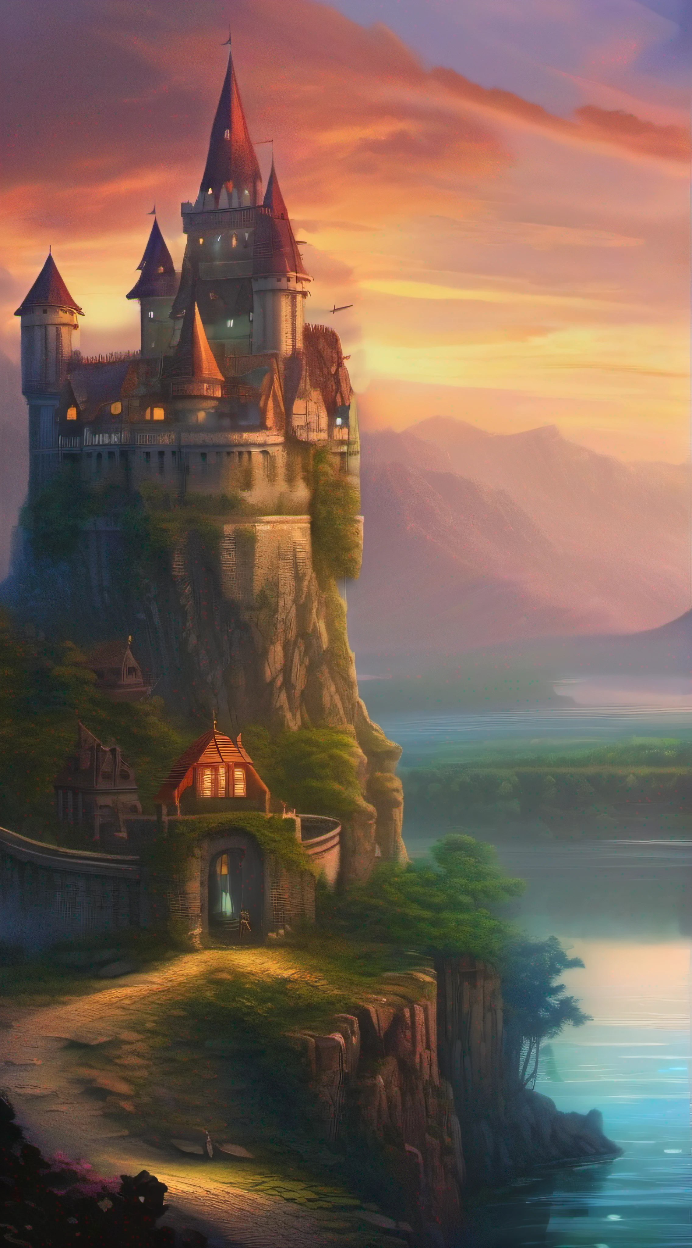 arafed castle on a hill overlooking a body of water, fantasy background, background artwork, amazing wallpaper, magnificent background, fantasy painting hd, beautiful wallpaper, hd wallpaper, high quality desktop wallpaper, digital art fantasy, dream scenery art, epic fantasy art style hd, fantasy art landscape, beautiful fantasy art, fantasy beautiful, hd fantasy art, breathtaking fantasy art, amazing background