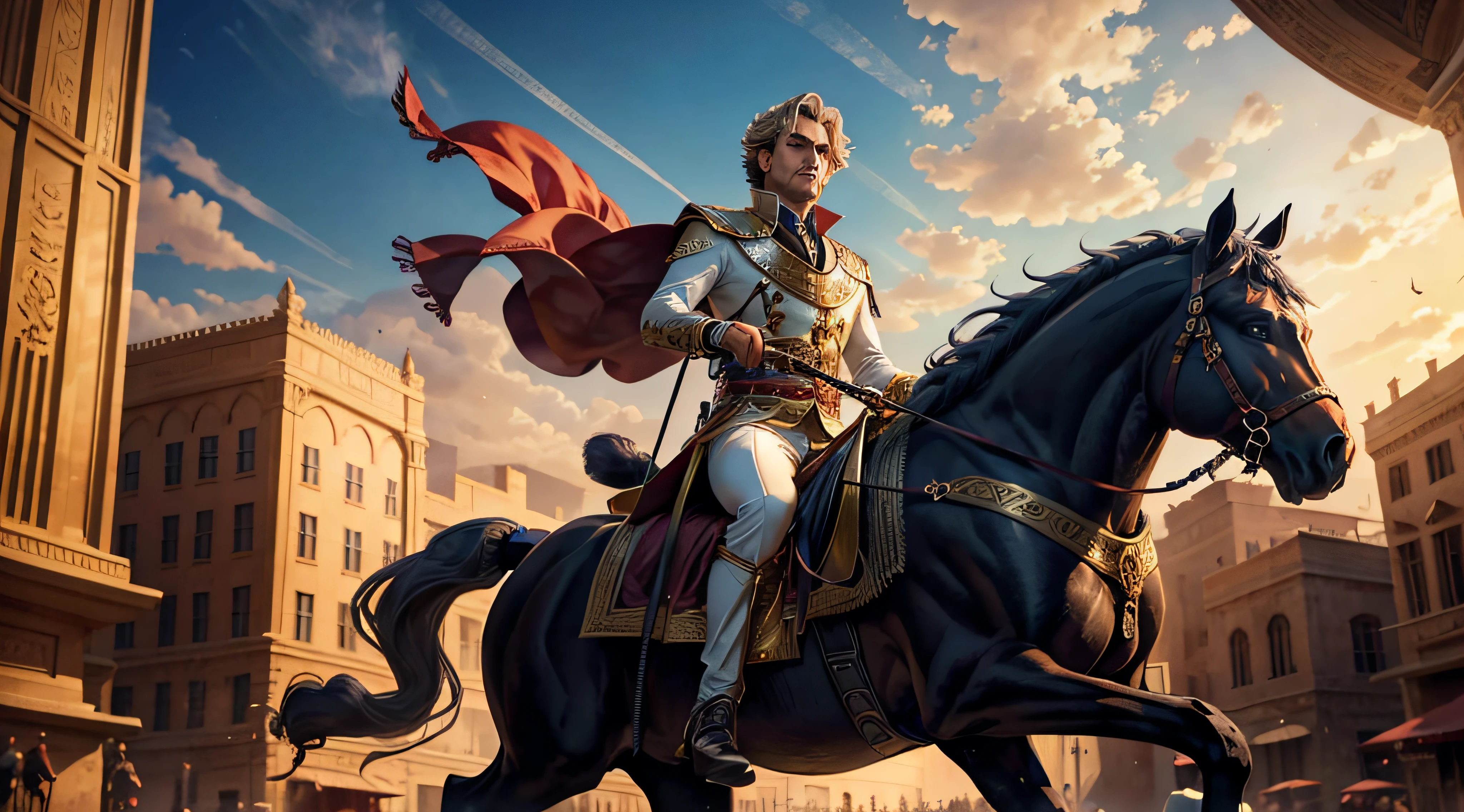 "A wealthy aristocrat riding a majestic horse, radiating opulence and grandeur while traversing the bustling streets of Babylon." --auto
