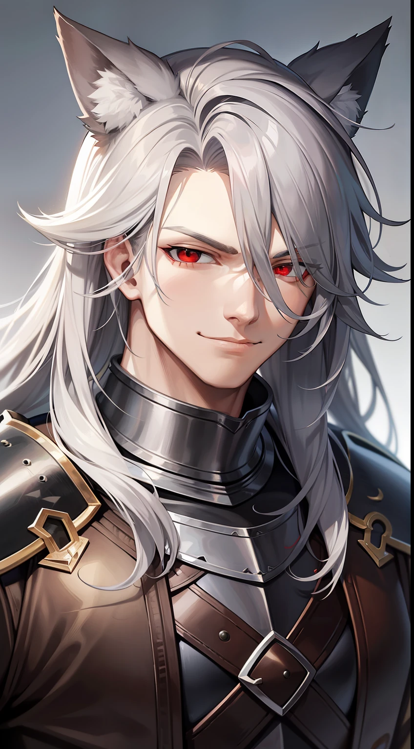 Young guy, long gray hair, red-eyes, brawn, wolf ears, leather armour, smirk, Masterpiece, hiquality