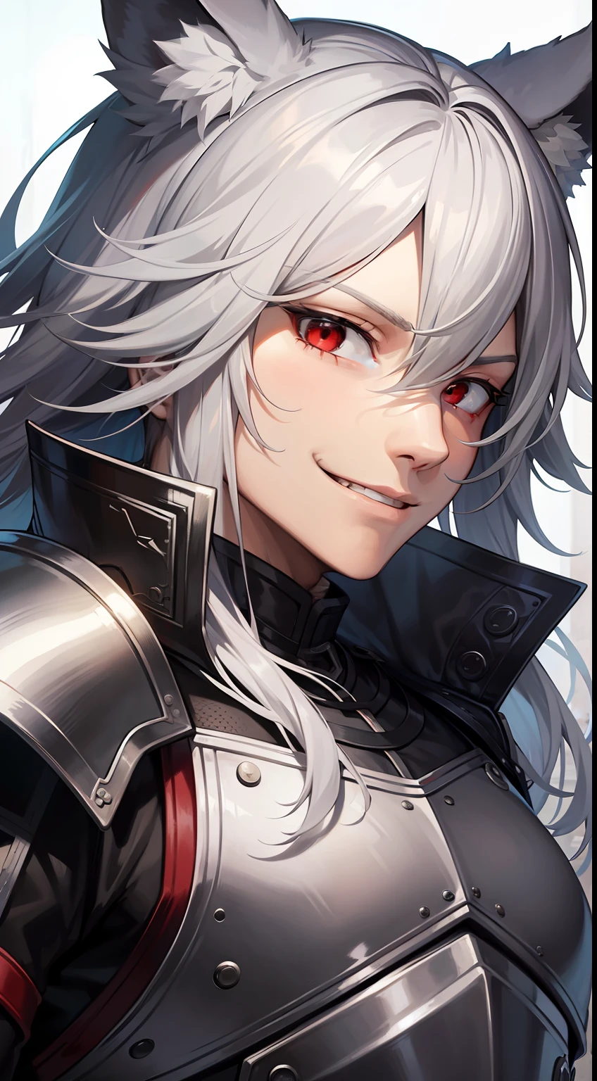 Young guy, long gray hair, red-eyes, brawn, wolf ears, leather armour, smirk, Masterpiece, hiquality