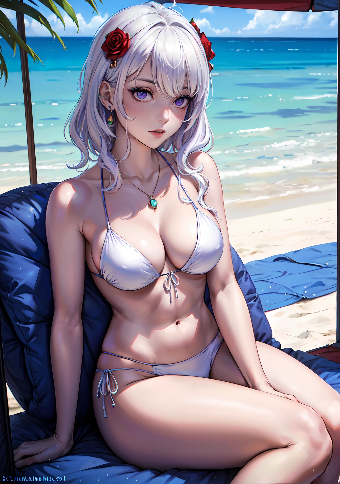 (masterpiece:1.2, best quality), (1lady, solo,(portrait shot)), Clothing: white bikini, strappy sandals, Accessories: shell necklace, Hair: loose beach waves, white hair, short wavy hair, Makeup: natural, glowing skin, Behavior: relaxed, carefree, free-spirited, Location: beach, resort, outdoor festival, purple eyes, average breasts, (beautiful detailed face, beautiful detailed eyes), (sunbeam, sunlight, rose, wind), sciamano240