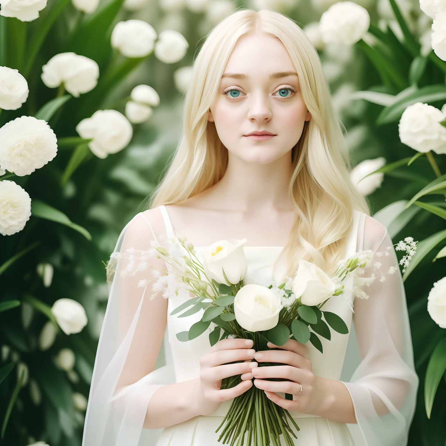 blond woman in white dress in front of a plant, with flowers, dakota fanning, woman in flowers, photoshoot for skincare brand, with frozen flowers around her, soft portrait shot 8 k, female portrait with flowers, james jean soft light 4k, james jean soft light 4 k, flowers in background, a still of an ethereal