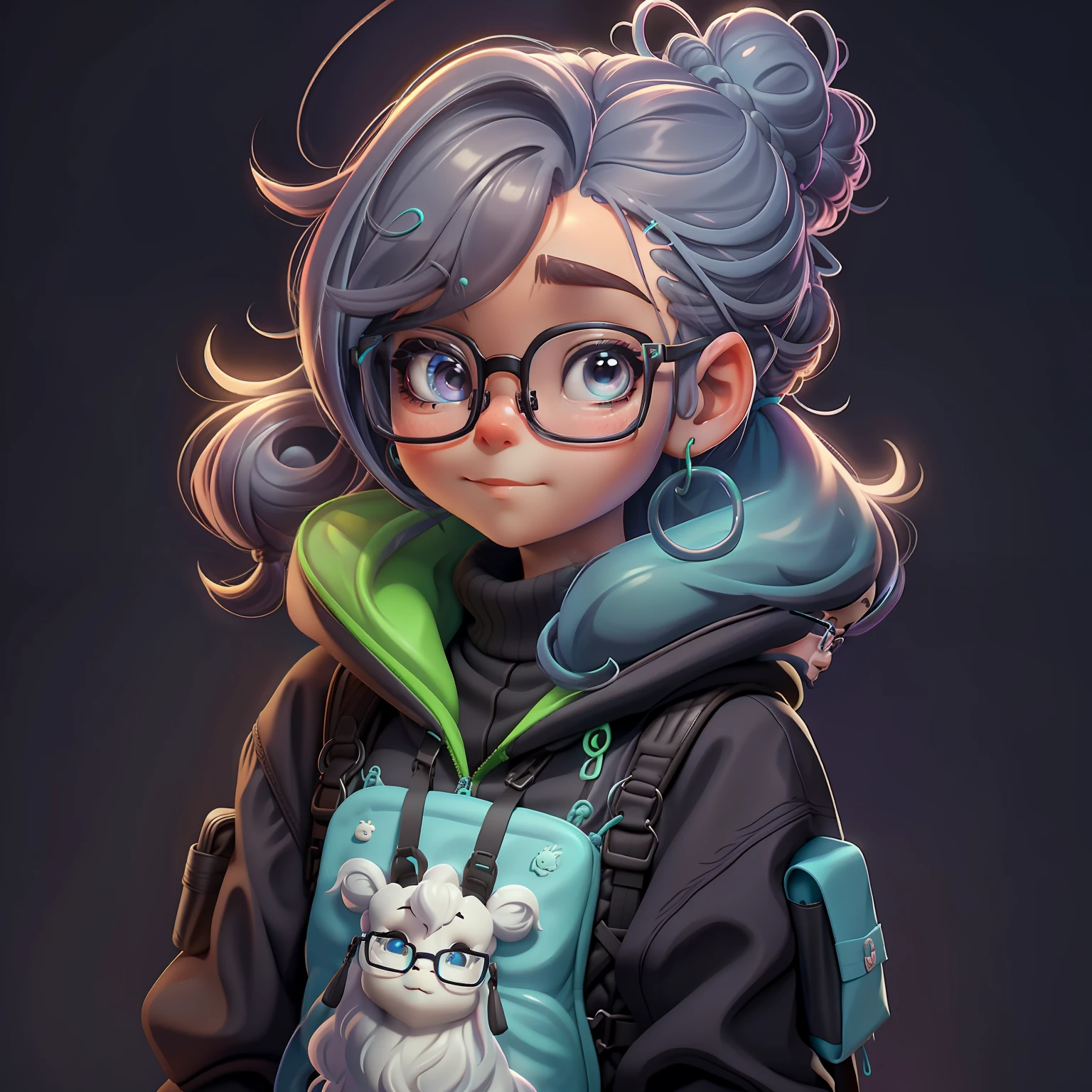 lama, (lama), Eyeglasses, livros e mochila, Slime cabelo curto bun estilo de cabelo, preto amendoado, roupas neon, master part, best quality