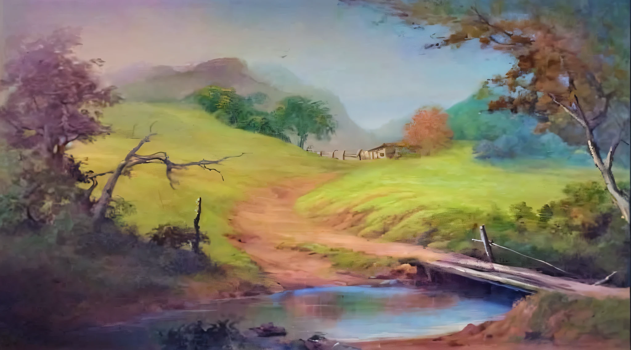 pintura de um pequeno riacho que atravessa um campo verde exuberante, inspirado em Thomas Moran, inspirado em George Inness, Directed by: Bob Ross, inspirado em Asher Brown Durand, Directed by: Doris Blair, country landscape, 2 0 2 1 pintura premiada, Pintura premiada em 2021, 2 0 2 0 pintura premiada, in the style of an oilpainting, peaceful scene