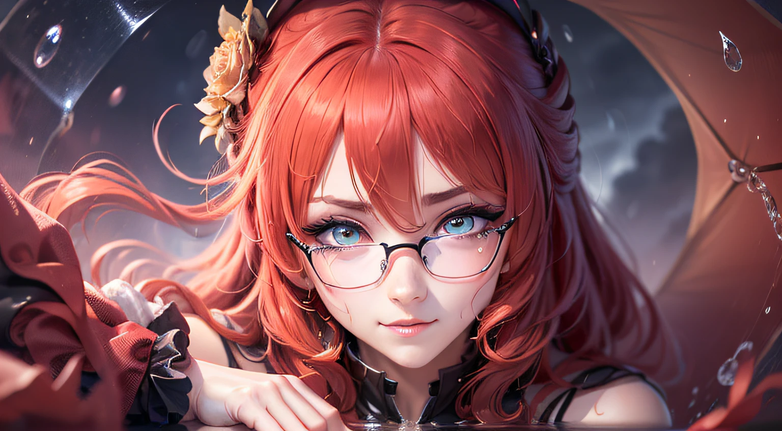 masterpiece,high quality,best quality,4k,super detailed,4k,focus sharp,(face),head,absurdres, highres, ultra detailed, (girl:1.3), (evil:1.5, BREAK , watercolor style, soft blending, closeup face,scarlet hair,herrsher of finality outfit,eyeglasses, dreamy, washes, delicate textures, seductive smile, glowing eyes, armpit pose very detailed,himeko murata,honkai impact,vermilion knight,dragon outfit kimono,Crying, Rainy Day, Grassland, Dark Sky, Gloomy Atmosphere, Teardrops, Emotional Moment, Raindrops, Wet Hair, Loneliness, Sorrowful Expression, Rain-soaked Clothes, Melancholic Scene, Muddy Ground, night stellar sea,blue sky eyes,gojo satoru eyes