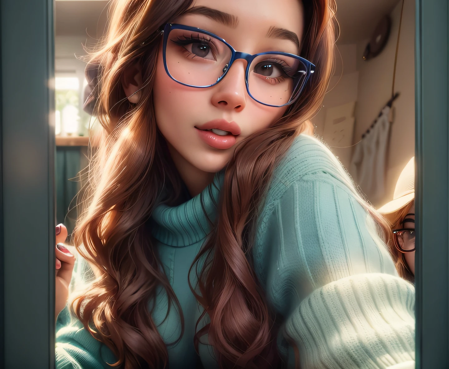 Woman with glasses and a blue sweater taking a selfie, Pokimane, 18 anos, Retrato Sophie Mudd, With eye Glasses, Violeta Myers, girl with glasses, 1 6 anos, 21 anos, 19-year-old girl, Ekaterina, Mia califa, with glasses on, 2 2 anos