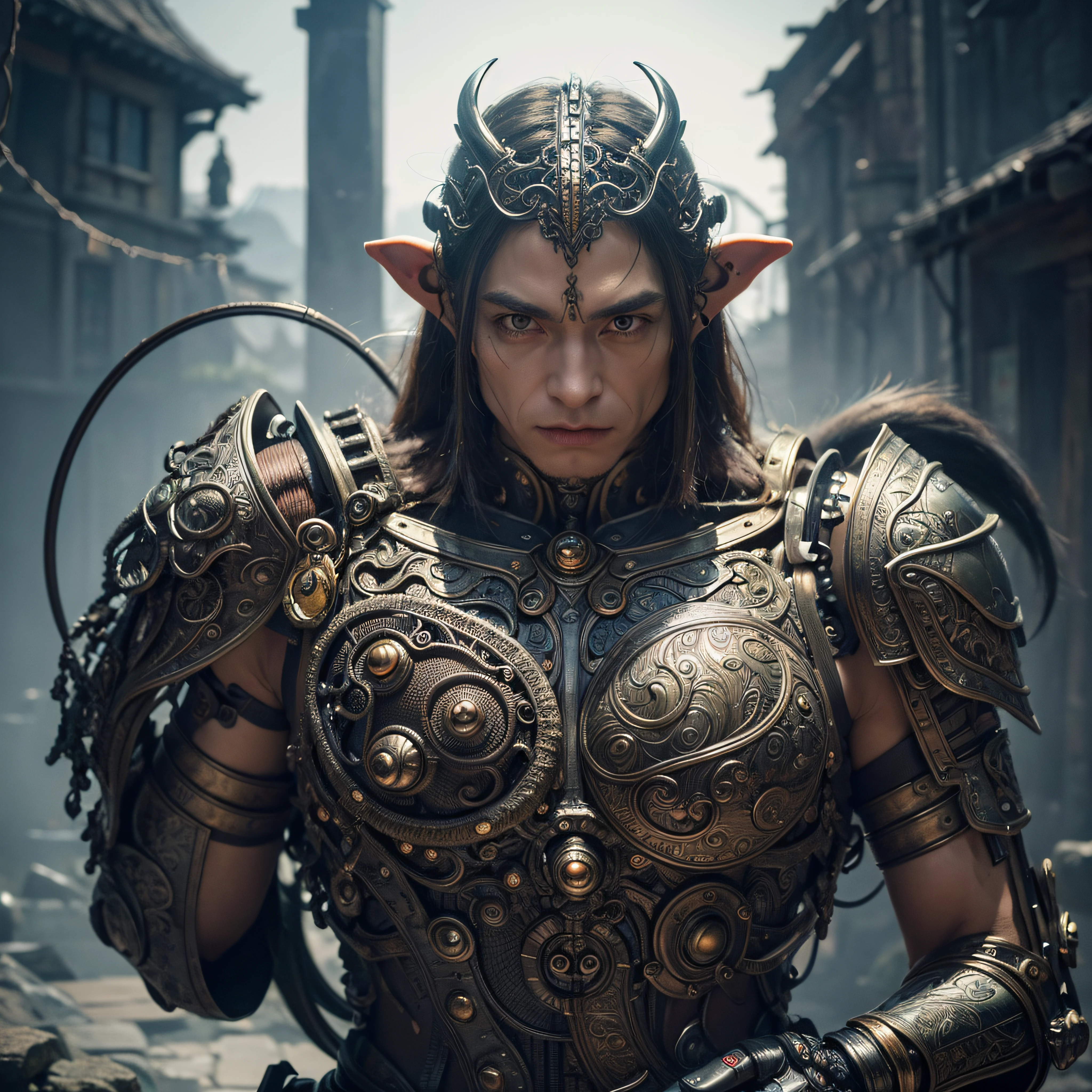 The Goblin and the Elf, 独奏, The whole body is made of metal, (A cyborg:1.1), ([tail | Detailed wire]:1.3), (intricate detail), HDR, (intricate detail, hyper-detail:1.2), Cinematic Frame, vignette, in the center, “Hyper-realistic textures," "Exact Details,” “Realistic still life,” “Realistic portraits,” “Realistic landscapes."