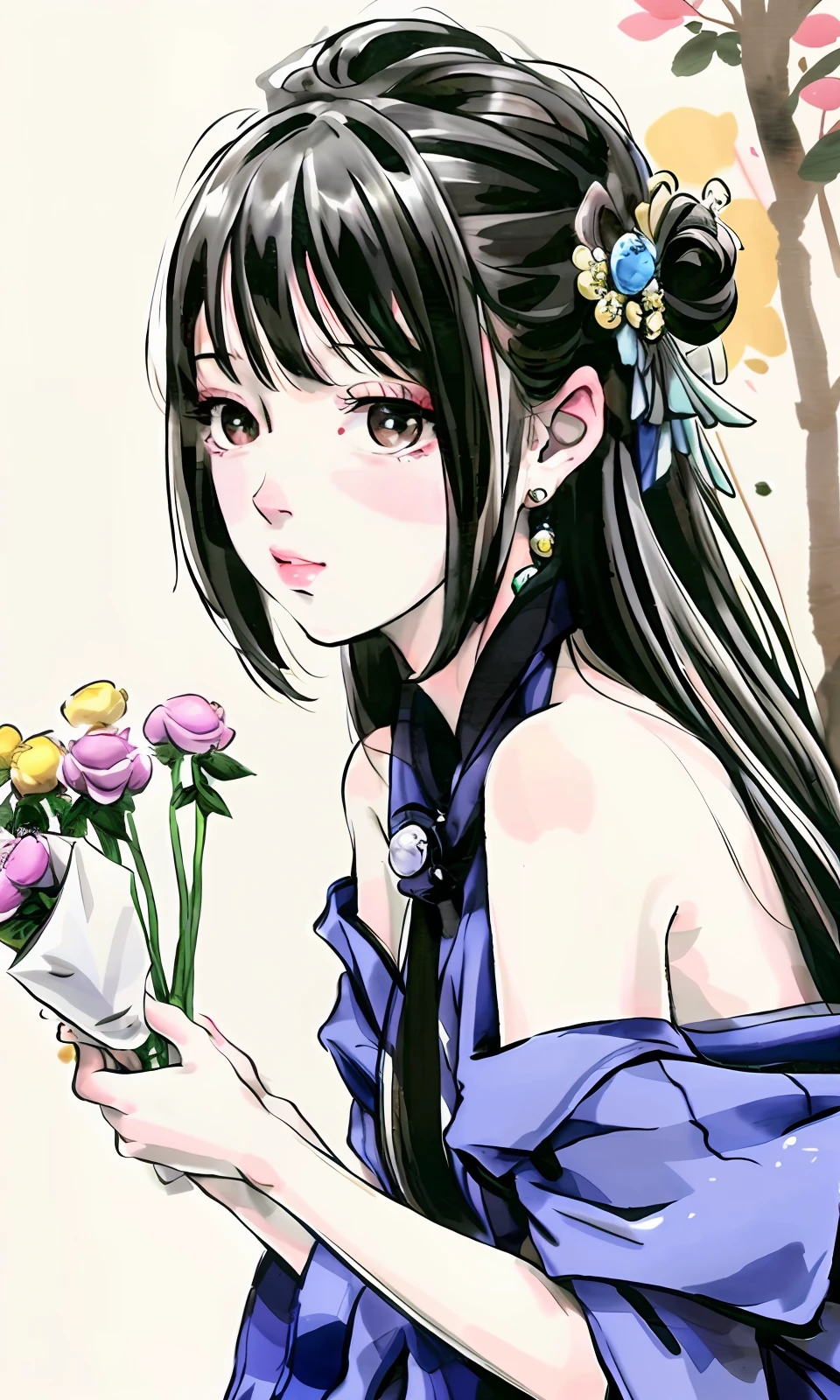 a drawing，A woman holds a bouquet of flowers in her hand, a beautiful anime portrait, Beautiful character painting, by Yang J, anime girl profile, Beautiful anime artwork, Portrait of an anime girl, detailed portrait of an anime girl, inspired by Ma Yuanyu, Beautiful anime style, Beautiful anime art, beautiful anime art style, Beautiful anime girl, trending on artstration，naked