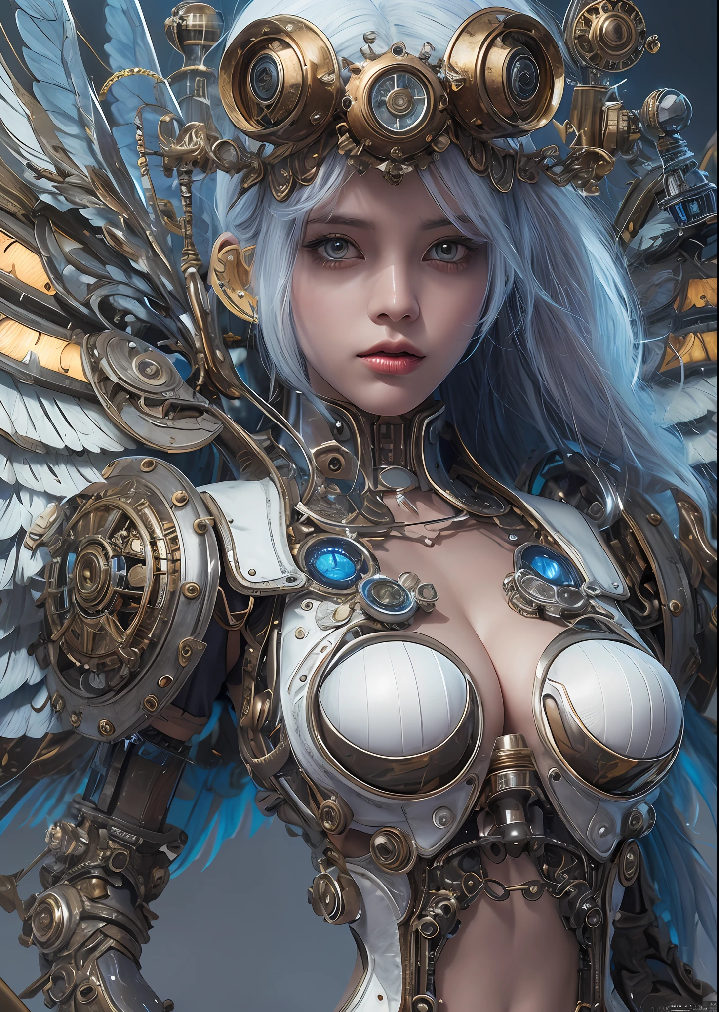 top-quality、masterpiece、超A high resolution、(Photorealsitic:1.4)、Raw photo、Steampunk Battle Cyborg Angel、large wings made of metal、White porcelain body、Acrylic Clear Cover、white hair、glowy skin、1 steampunk cyborg girl、((super realistic details))、portlate、globalillumination、Shadow、octan render、8K、ultrasharp、character edge light,Colossal tits、Raw skin is exposed in cleavage、Details of complex ornaments、Details of the steam engine、Hydraulic cylinder、Small LED lamp、highly intricate detail、Realistic light、a purple eye、radiant eyes、Facing the camera、neon details、cowboy shot、Futuristic headgear、About steampunk、、