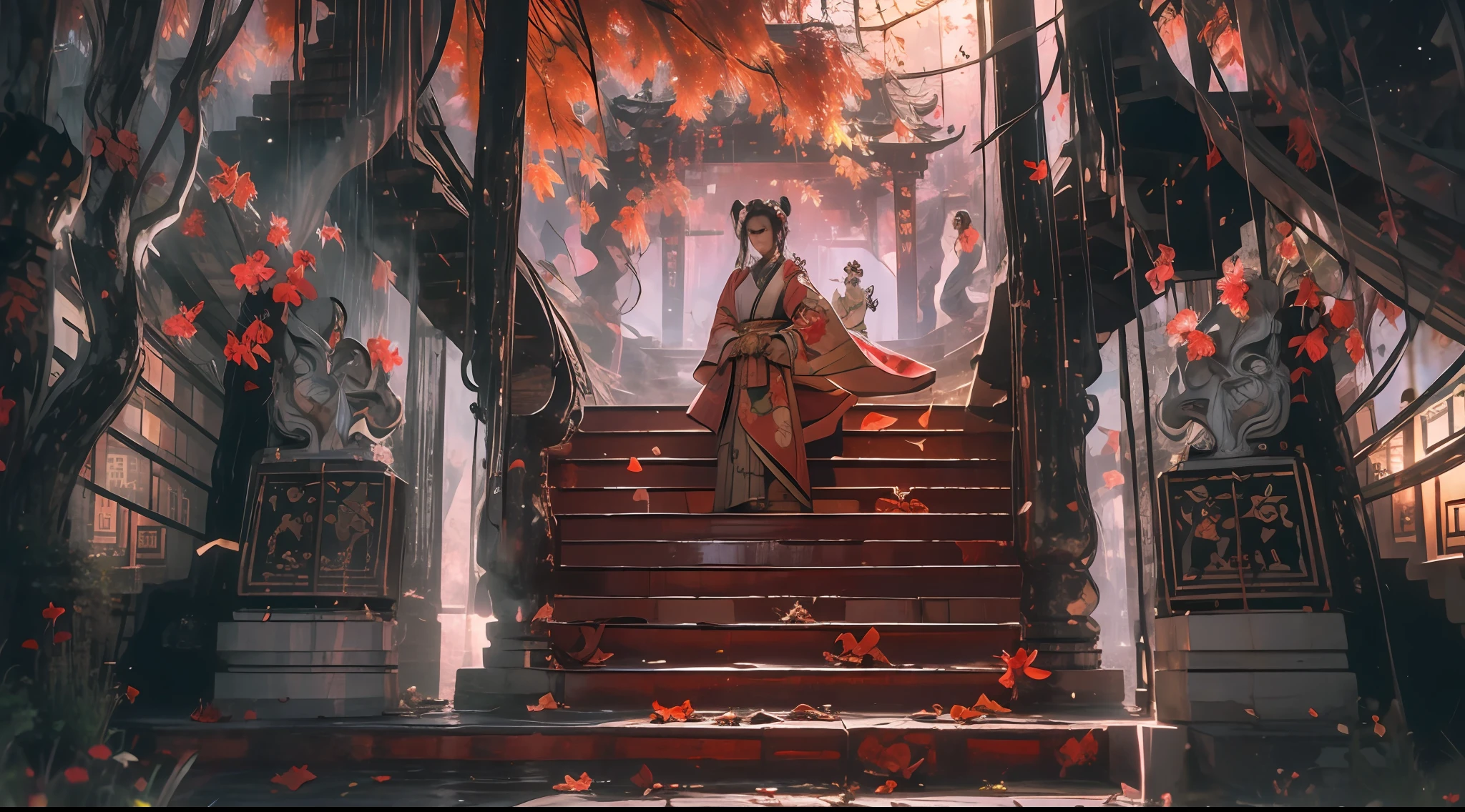 （tmasterpiece：1.2），best qualtiy，realisticlying，Tyndall effect，Underworld marriage，Spooky atmosphere，natta，Red palace lamp， The tree， scenecy， exteriors， "Young, Handsome and beautiful aristocratic couple traveling in the underworld，Detailed eyes，Clear facial features"，Japanese clothes， east asian architecture， buliding， Skysky， nigh sky， stairways，amaryllis