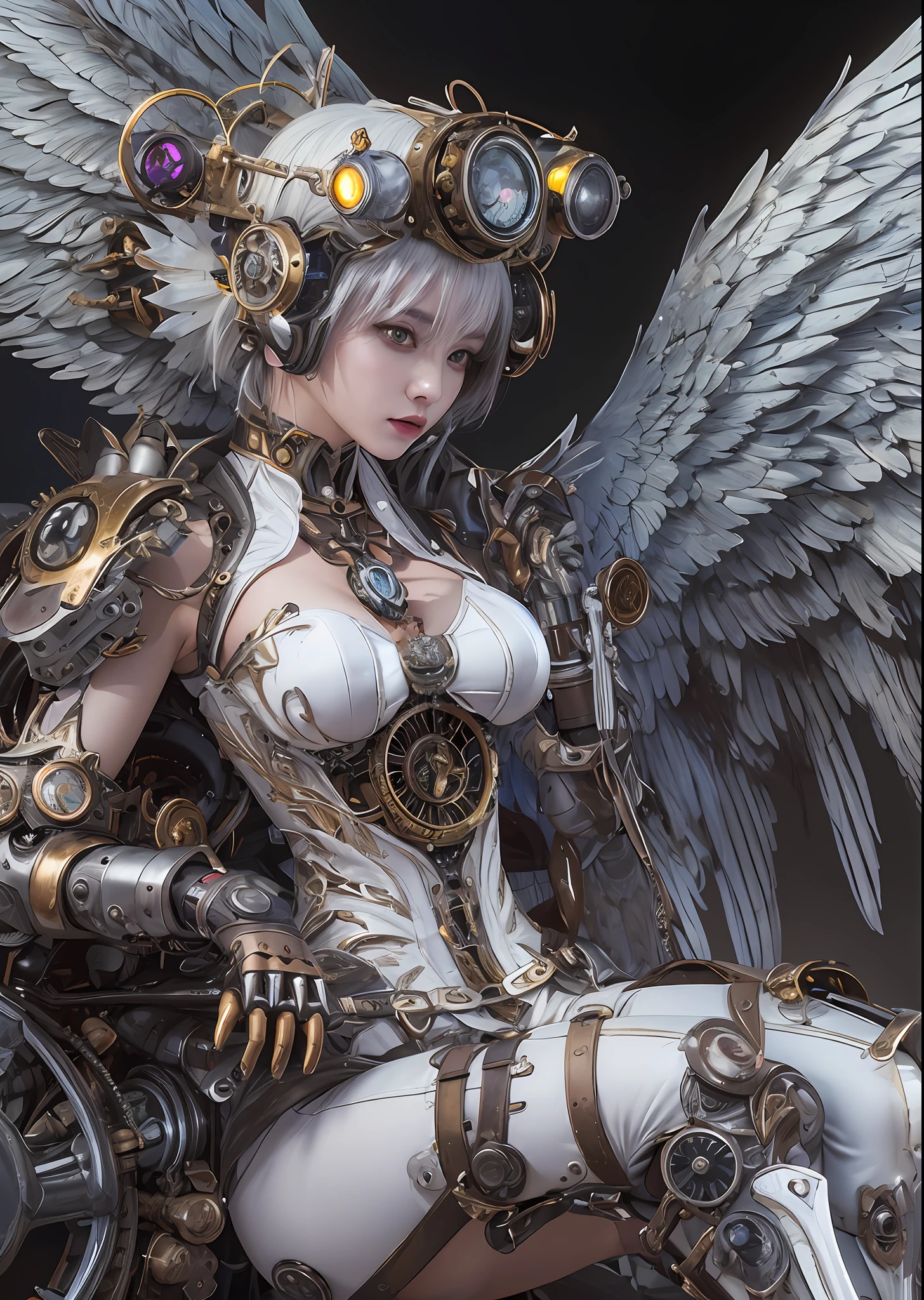top-quality、masterpiece、超A high resolution、(Photorealsitic:1.4)、Raw photo、Steampunk Battle Cyborg Angel、large wings made of metal、White porcelain body、Acrylic Clear Cover、white hair、glowy skin、1 steampunk cyborg girl、((super realistic details))、portlate、globalillumination、Shadow、octan render、8K、ultrasharp、character edge light,Colossal tits、Raw skin is exposed in cleavage、Details of complex ornaments、Details of the steam engine、Hydraulic cylinder、Small LED lamp、highly intricate detail、Realistic light、a purple eye、radiant eyes、Facing the camera、neon details、cowboy shot、Futuristic headgear、About steampunk、、