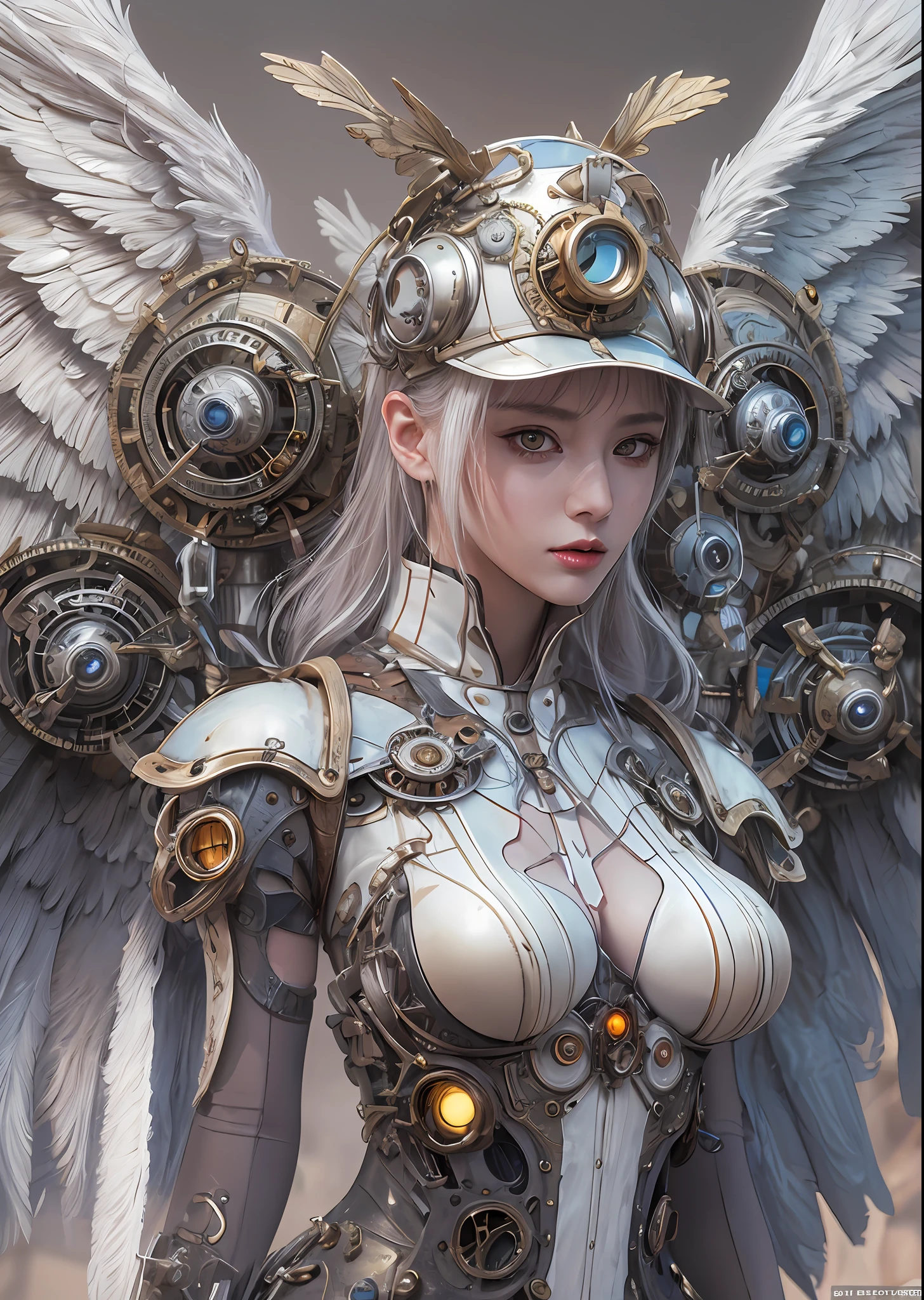 top-quality、​masterpiece、超A high resolution、(Photorealsitic:1.4)、Raw photo、Steampunk Battle Cyborg Angel、large wings made of metal、White porcelain body、Acrylic Clear Cover、white  hair、glowy skin、1 steampunk cyborg girl、((super realistic details))、portlate、globalillumination、Shadow、octan render、8K、ultrasharp、character edge light,Colossal tits、Raw skin is exposed in cleavage、Details of complex ornaments、Details of the steam engine、Hydraulic cylinder、Small LED lamp、highly intricate detail、Realistic light、a purple eye、radiant eyes、Facing the camera、neon details、cowboy  shot、Futuristic headgear、About steampunk、、