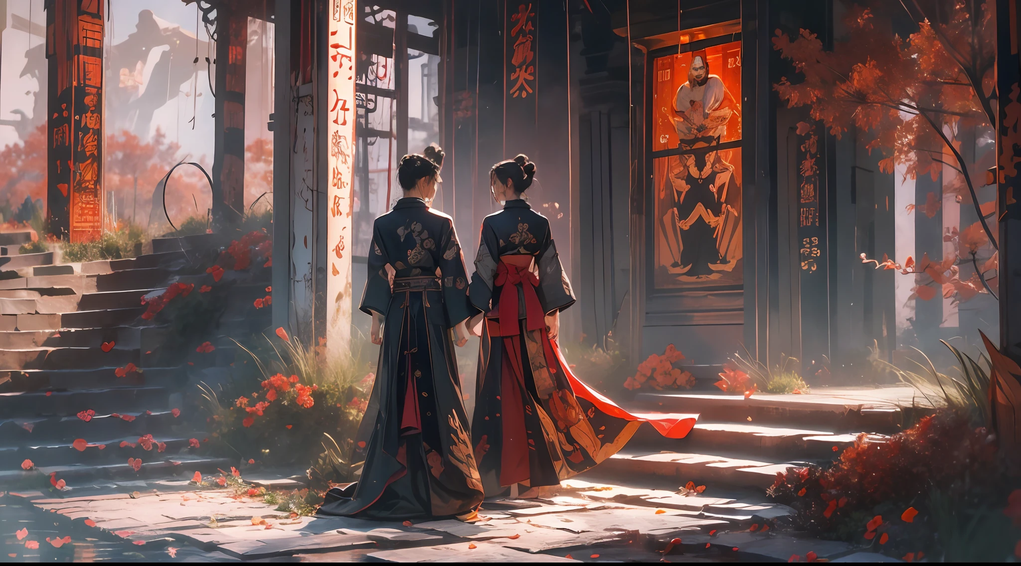 （tmasterpiece：1.2），best qualtiy，realisticlying，Tyndall effect，Underworld marriage，Spooky atmosphere，natta，Red palace lamp， The tree， scenecy， exteriors， "Young, Handsome and beautiful aristocratic couple traveling in the underworld，Detailed eyes，Clear facial features"，Japanese clothes， east asian architecture， buliding， Skysky， nigh sky， stairways，amaryllis