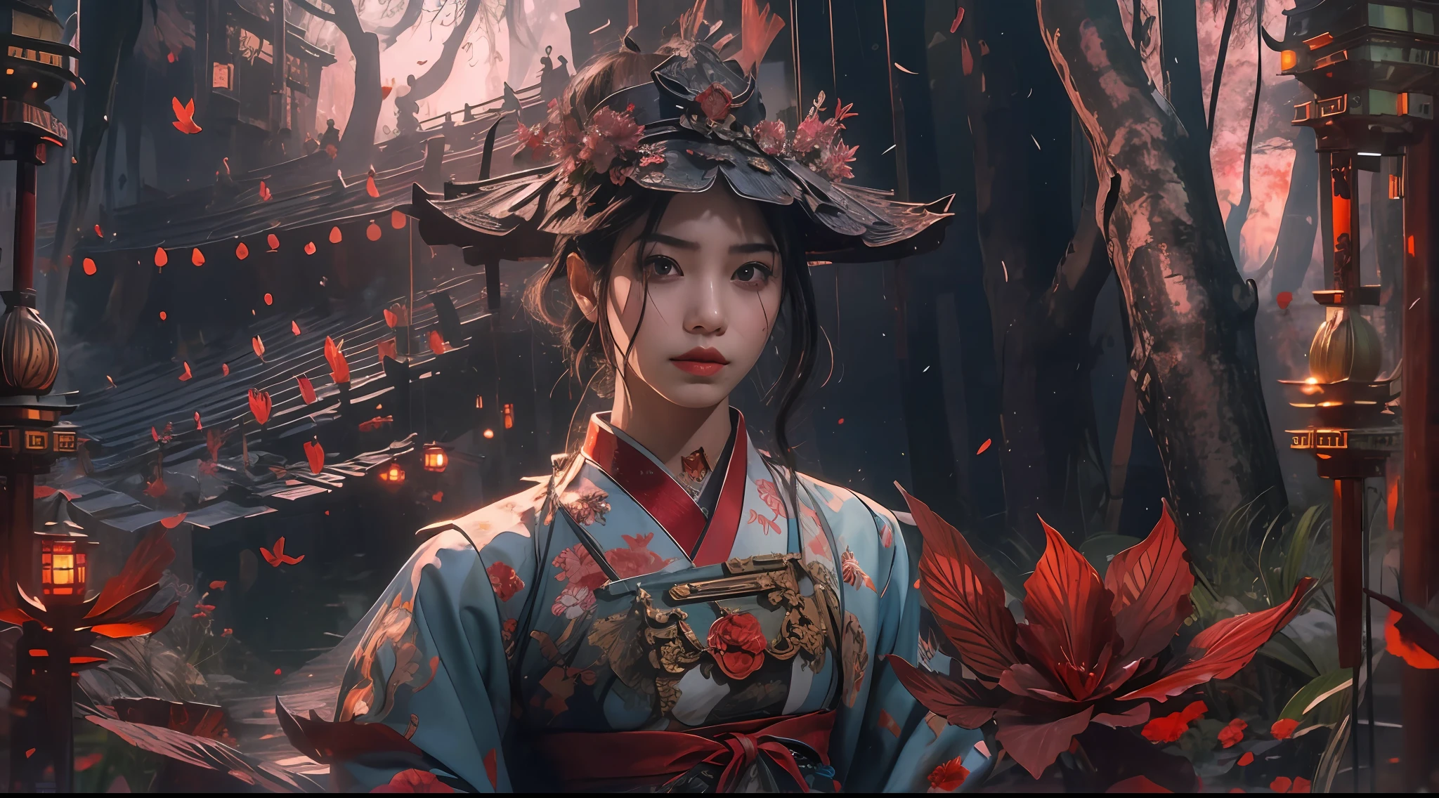 （tmasterpiece：1.2），best qualtiy，realisticlying，Tyndall effect，Underworld marriage，Spooky atmosphere，natta，Red palace lamp， The tree， scenecy， exteriors， "Young, Handsome and beautiful aristocratic couple traveling in the underworld，Detailed eyes，Clear facial features"，Japanese clothes， east asian architecture， buliding， Skysky， nigh sky， stairways，amaryllis