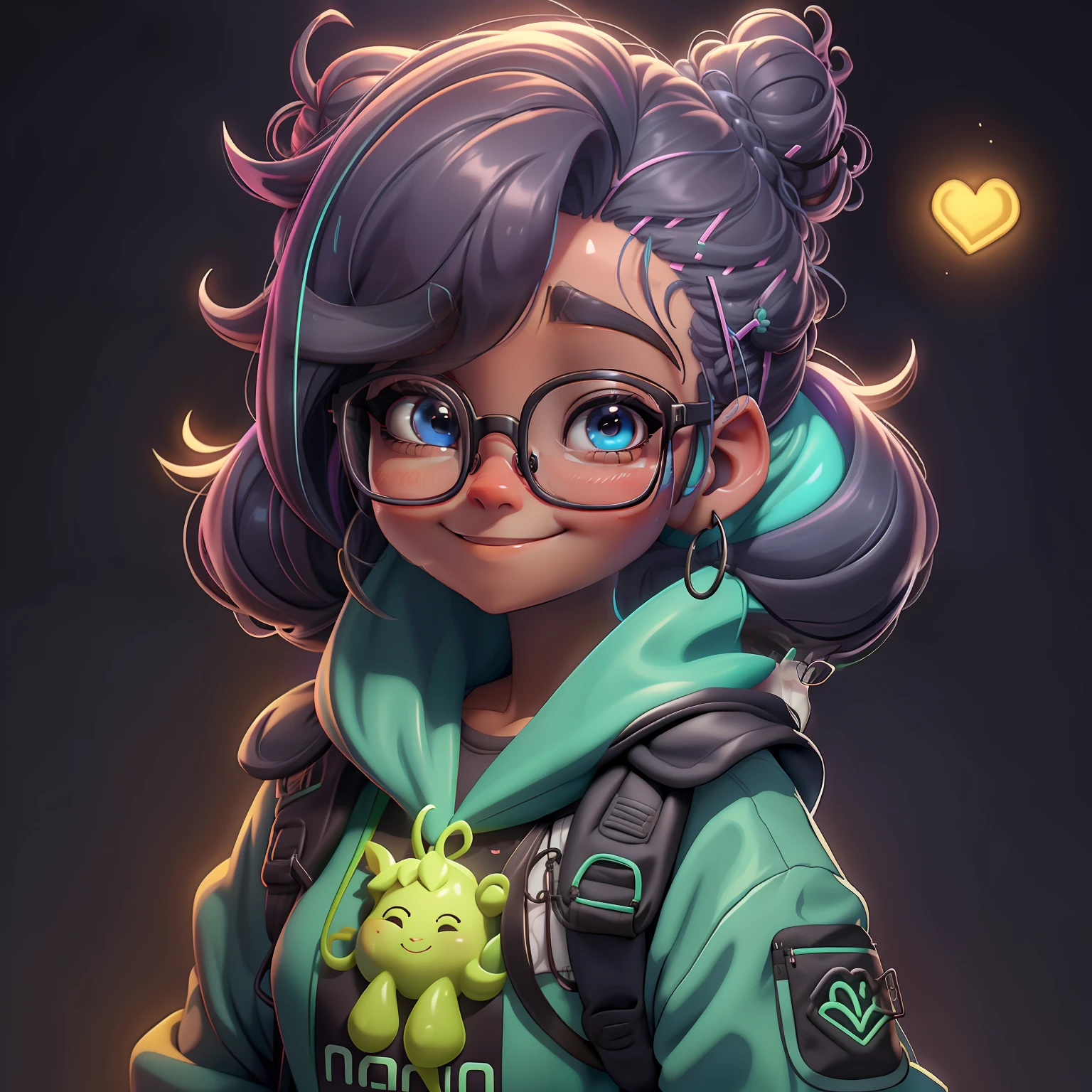 lama, (lama), Eyeglasses, sorriso, livros e mochila, Slime cabelo curto bun estilo de cabelo, preto amendoado, roupas neon, master part, best quality