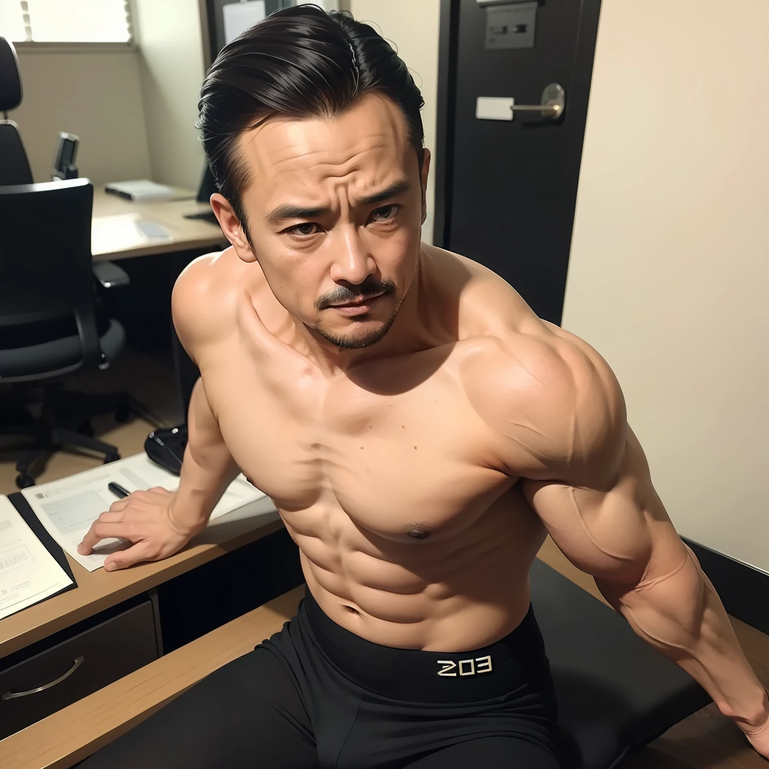 45 yers old,Hidetoshi Nakata,(Kogoro Mouri 1.3),Shirtless,Tong,agitated,office room,black long socks,Thin,musculature,lbeard,fortitude,artwork of a,tmasterpiece,k hd,ssmile,tightsuit,sitted
