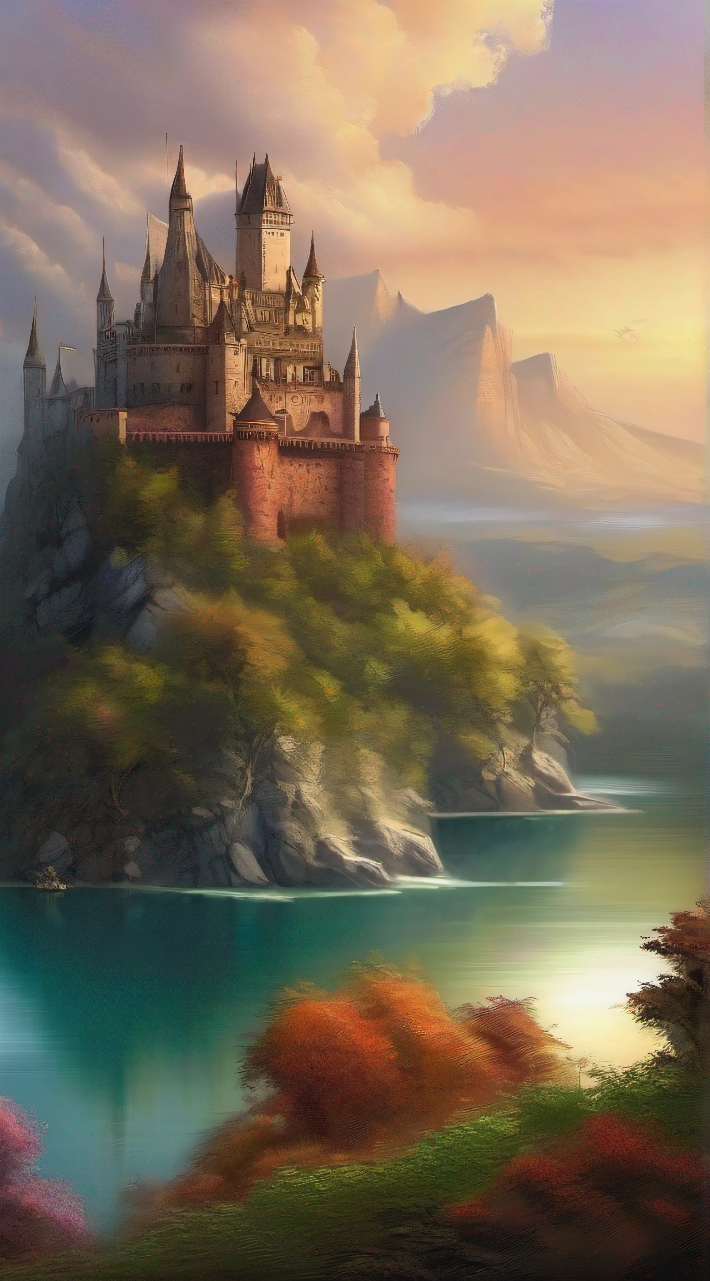 arafed castle on a hill overlooking a body of water, fantasy background, background artwork, amazing wallpaper, magnificent background, fantasy painting hd, beautiful wallpaper, hd wallpaper, high quality desktop wallpaper, digital art fantasy, dream scenery art, epic fantasy art style hd, fantasy art landscape, beautiful fantasy art, fantasy beautiful, hd fantasy art, breathtaking fantasy art, amazing background