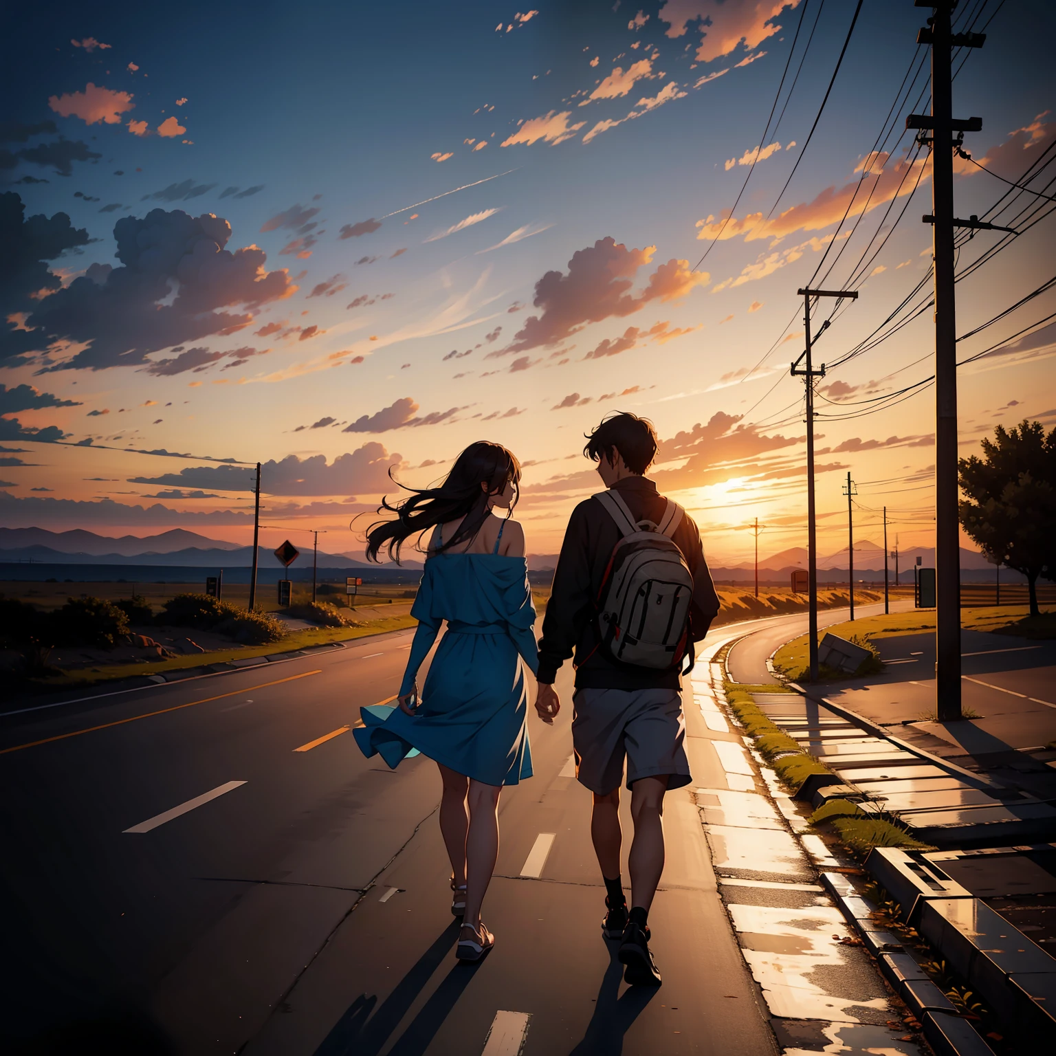 "I want to capture the serene moment of two friends walking shoulder to shoulder on a deserted road during a captivating sunset."