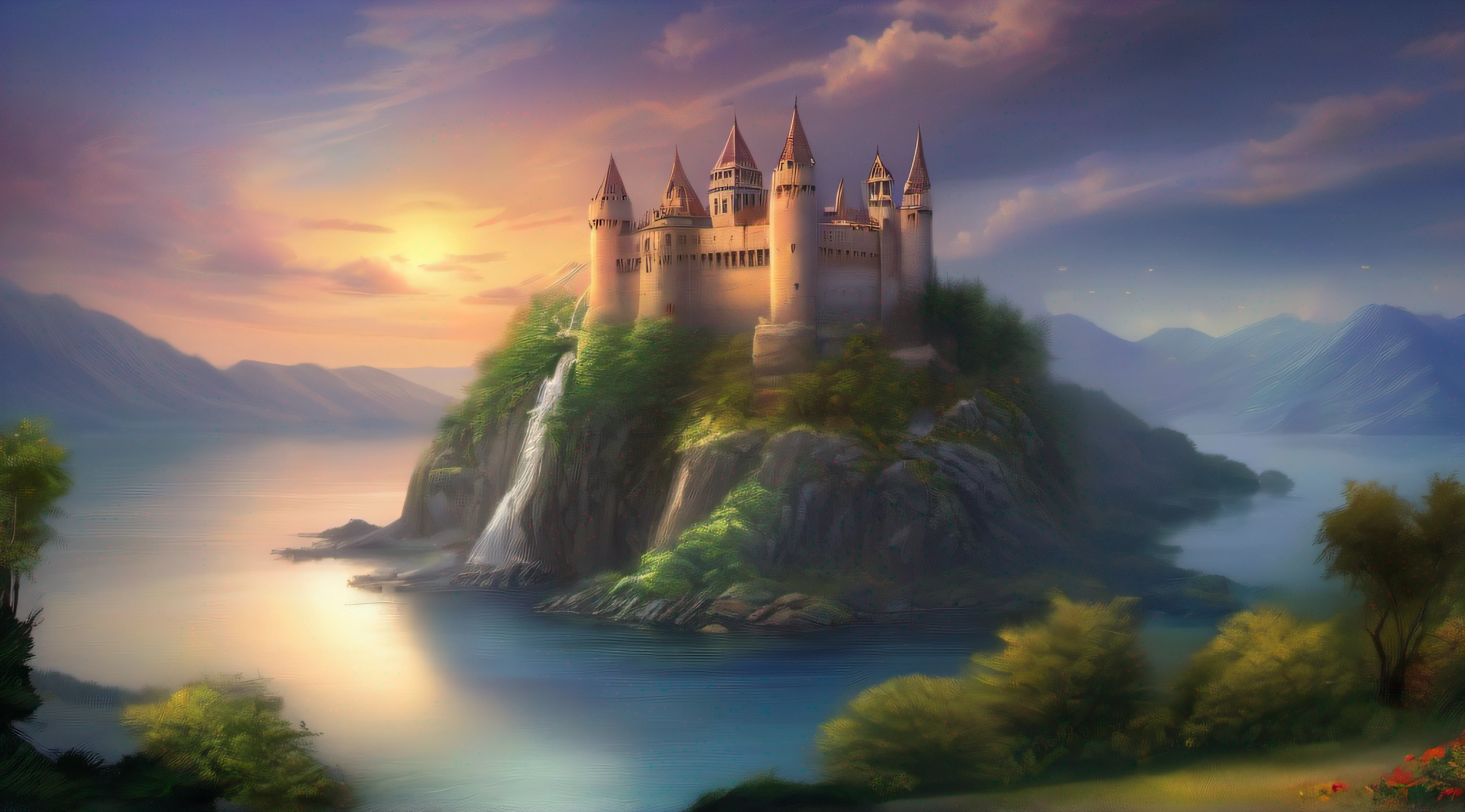 arafed castle on a hill overlooking a body of water, fantasy background, background artwork, amazing wallpaper, magnificent background, fantasy painting hd, beautiful wallpaper, hd wallpaper, high quality desktop wallpaper, digital art fantasy, dream scenery art, epic fantasy art style hd, fantasy art landscape, beautiful fantasy art, fantasy beautiful, hd fantasy art, breathtaking fantasy art, amazing background