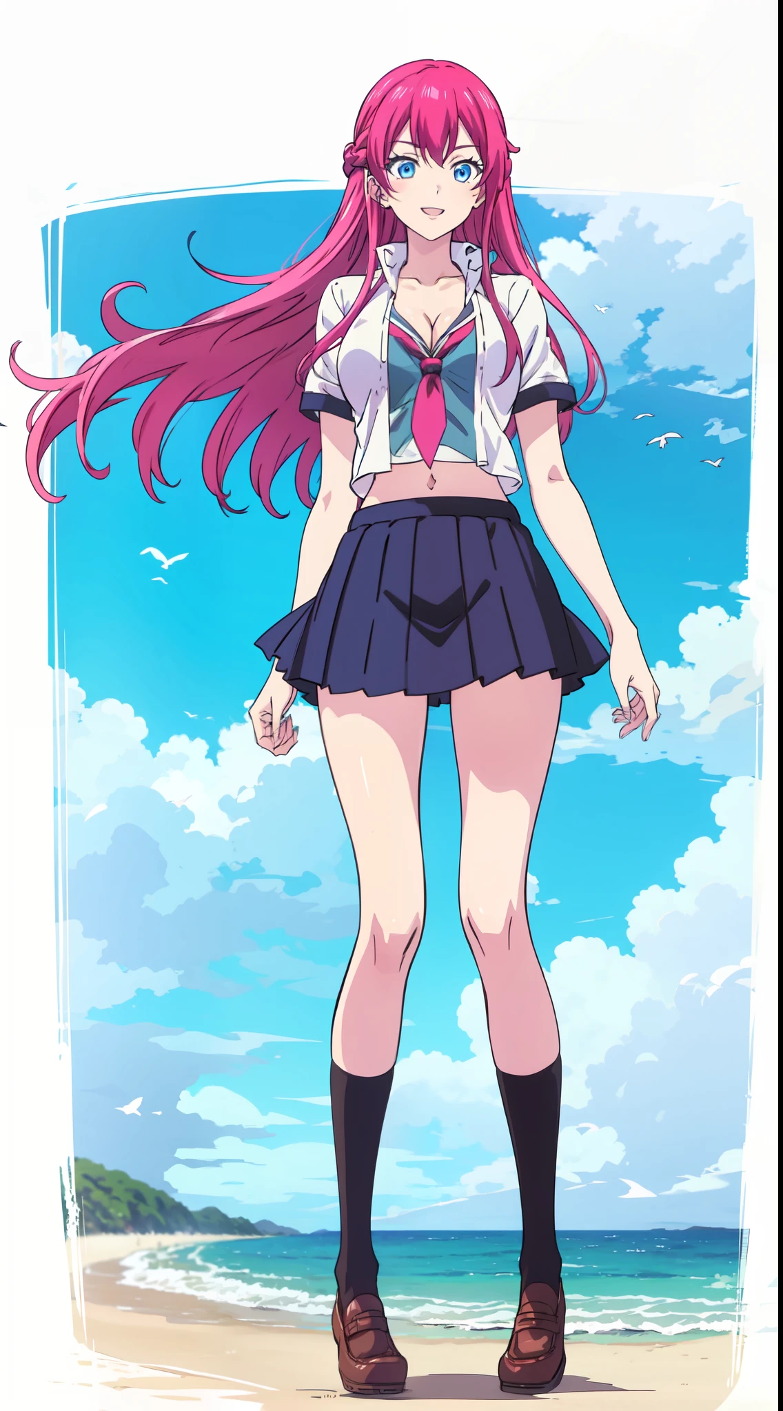 shikimori, slim legs,  beautiful eyes, blue eyes, happy, pink hair, long hair, cleavage, short skirt, thigh high socks, school uniform, beach navel