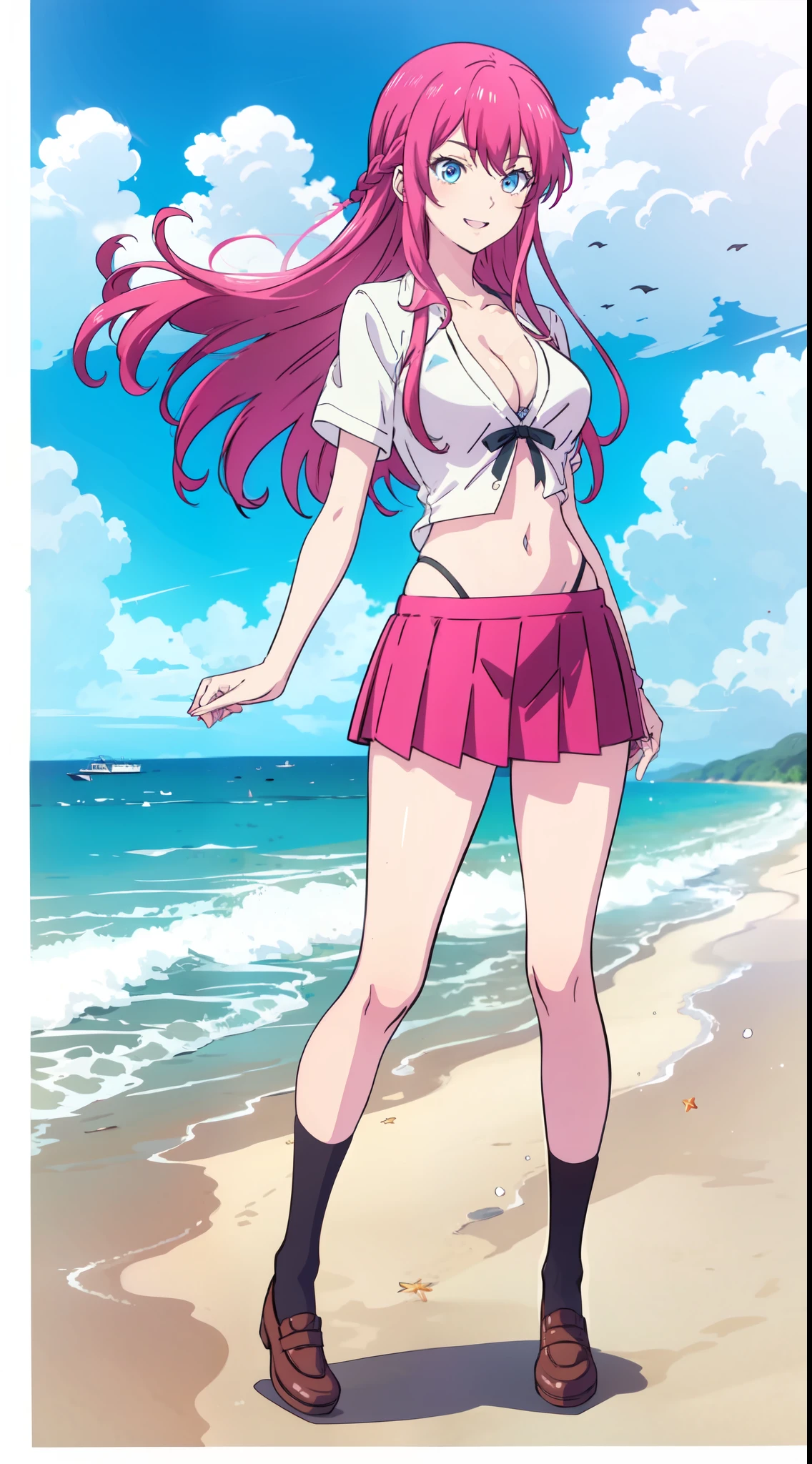 shikimori, slim legs,  beautiful eyes, blue eyes, happy, pink hair, long hair, cleavage, short skirt, thigh high socks, school uniform, beach navel