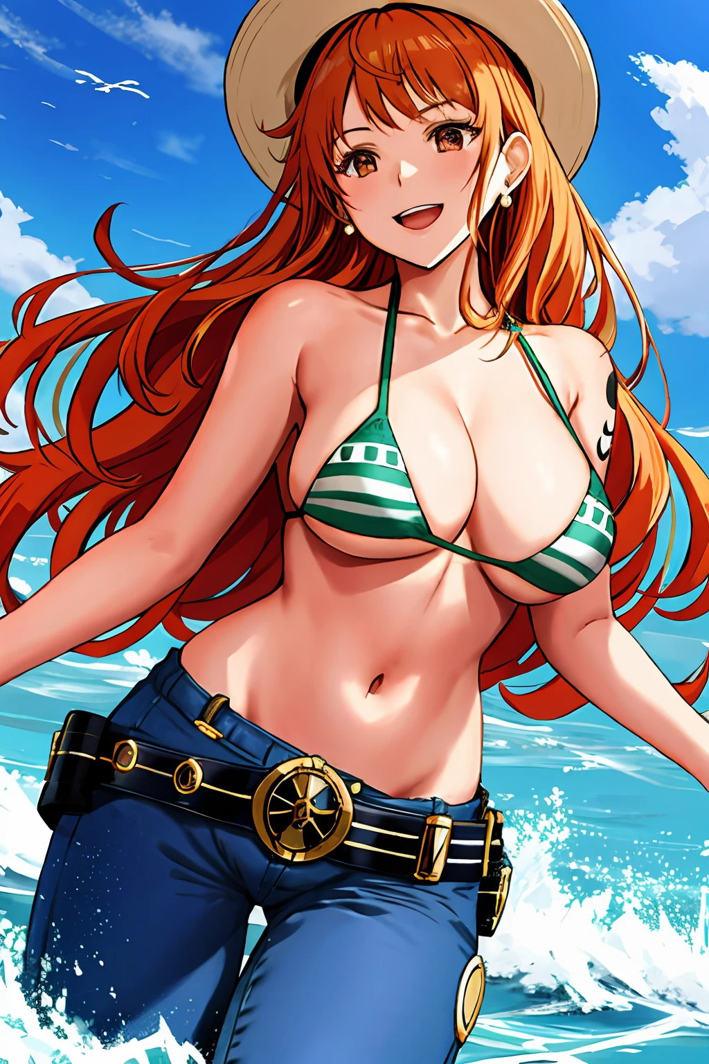 detailed background, masterpiece, 4k, epic, best quality, cheerful, late youth, adult, milf, athlete body, 1girl, active, energic, ((wide open mouth, folded legs, smile, lying on the ground, fully lying down, open eyes, hands spread sideway, jumping)) , solo, nami \(one piece\), 1girl, bangle, (very missy hair, tired, open mouth, feeling hot, tilting head, both hands spreadeagled, serious, hurt, glaring, open eyes, looking up, perfect detailed face, detailed round face) bold drawing lines, muscular arms, detailed bold body lines, flat jaw, adult woman, (wavy wide streaked bangs, floating bang, long left bangs ) (big cheeks), bare shoulders, off-shoulders, belt, bikini, bikini top only, blue sky, bracelet, springy breasts, breast lines, big round eyes, very big brown shiny eyes, bubbles, high eye position, cleavage, cloud, day, denim, earrings, floating hair, wavy hair, shiny hair, green belt, green bikini, bold groin lines, ((straw hat)), long jeans, jewelry, medium breasts, log pose, long hair, looking at viewer, long navel, wet hair, orange hair, pants, shoulder tattoo, sidelocks, sky, solo, stomach, swimsuit, tattoo, detailed left arm, big forehead, hourglass figure, small head, toned body, wide hair, wind effect, sun effect, under the sun, narrow small ears angle, older, straight shot, water splashes