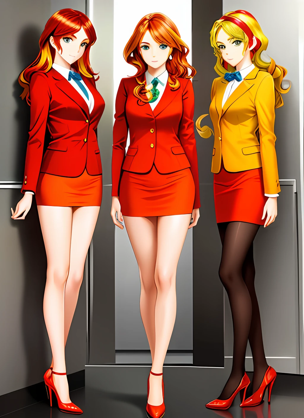 ((best quality)), ((highly detailed)), masterpiece, (detailed eyes, deep eyes), (3girls, trio, identical sisters, clones), SunsetHuman, (multicolored hair, (two-tone hair:1.1, matching hairstyles), red and blonde hair), BREAK, aqua eyes, (orange skirt suit, orange blazer, closed blazer, orange skirt, pencil skirt, tight skirt, bare legs, high heels, matching outfits), full body, office
