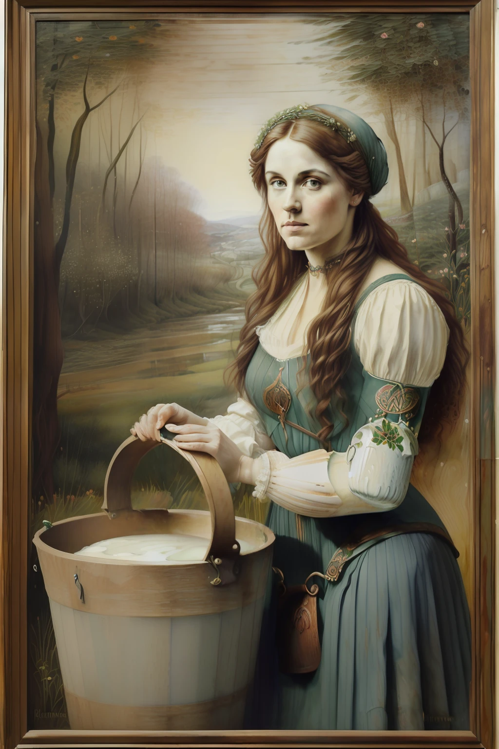 (((Pre-Raphaelite painting of Celtic woman pouring milk into a wooden bucket, ramos de Amieiro, paisagem celta outonal, floresta de amieiros)))