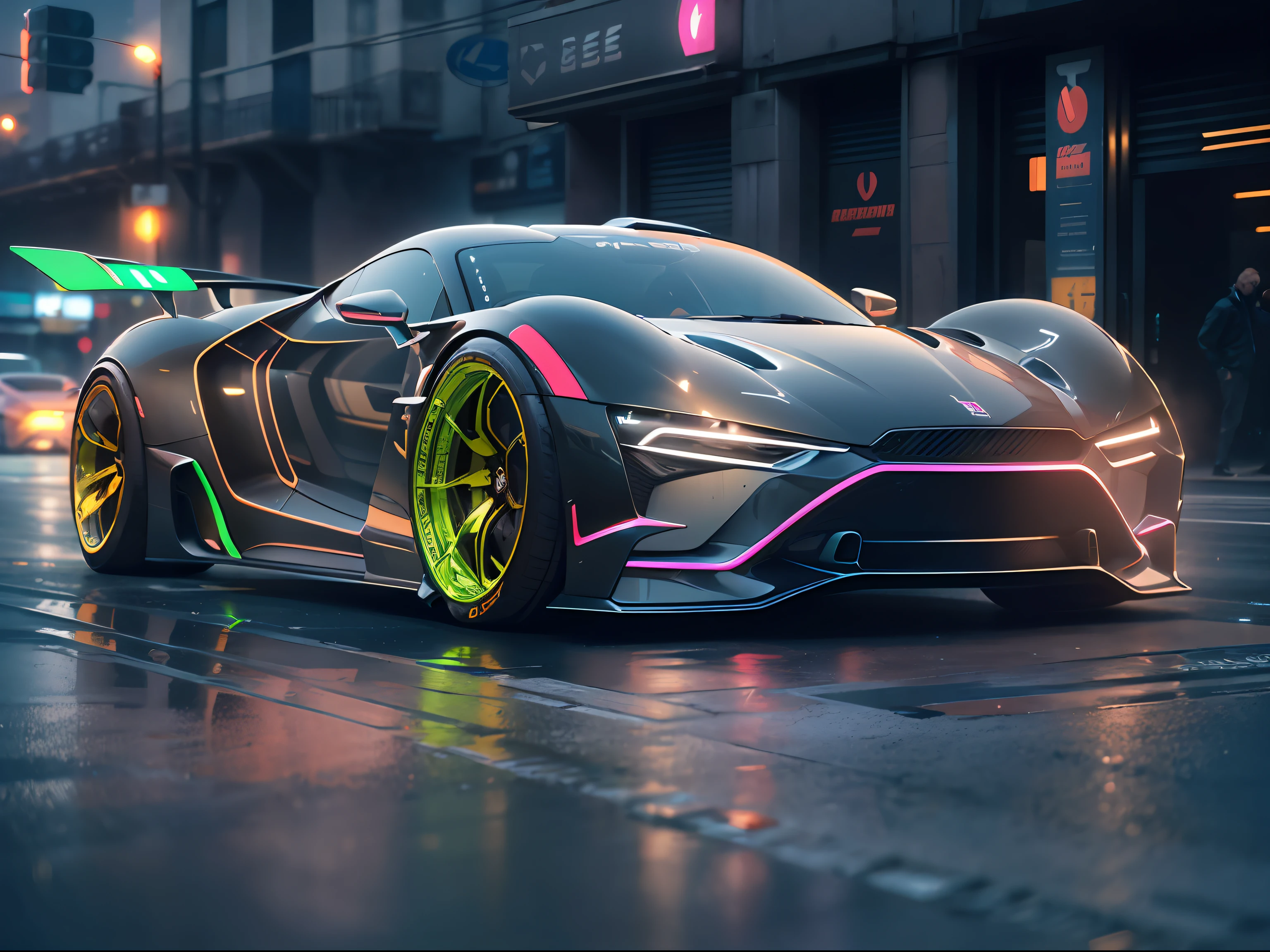 (1 transparent sports car on gorgeous city streets)，Color transparent plastic，cyber punk perssonage，industrial design，Smooth design feel，Sophisticated body structure，cleanness，(((Transparent visual impact)))，(((Brilliant neon lights)))，white backgrounid，ultra-realistic realism，hyper HD，high detal，best qualtiy，4K