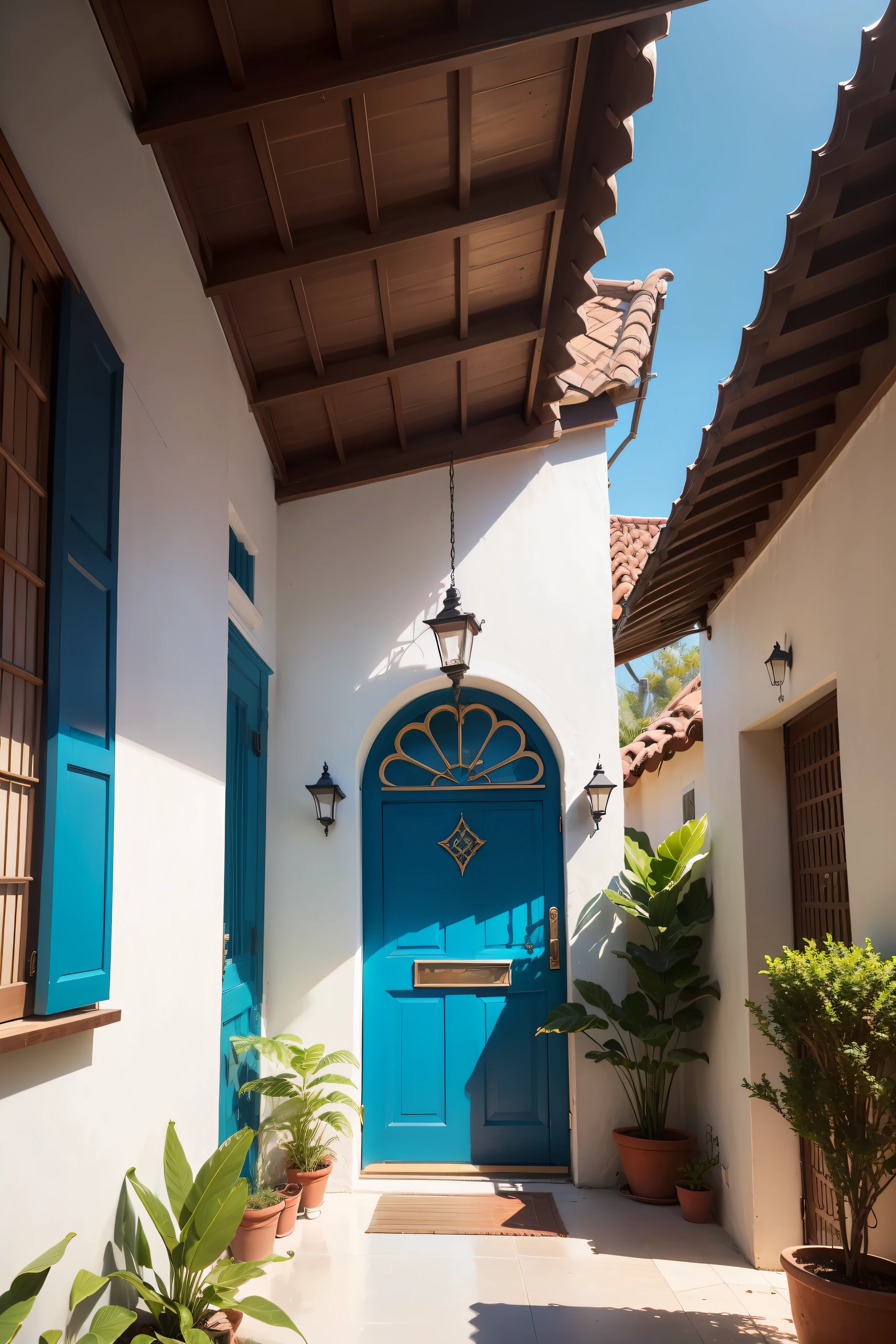 "Produce a vivid image of the front façade of a house that incorporates Brazilian style into its décor. The exterior walls of the house are painted in a pure and refreshing white, evocando um sentido de luminosidade e simplicidade.

No centro da fachada, destaque a porta de entrada ornamentada em um ousado e vibrante tom de azul Klein, which immediately attracts attention and adds a touch of vitality to the house. Ao lado da porta, a window with the same shade of Klein blue adds balance and harmony to the design.

The house exudes an unpretentious elegance, com detalhes sutis que ressaltam a beleza do estilo brasileiro. Careful brushstrokes should highlight the contrasts between the vivid colors and the simple geometric shapes of the house.

The surrounding scenery can be composed of a lush tropical garden, highlighting the connection of the house with the abundant nature of Brazil. Capture a serenidade e o charme inerentes a essa casa no estilo brasileiro, where simplicity is refined and beauty is celebrated."