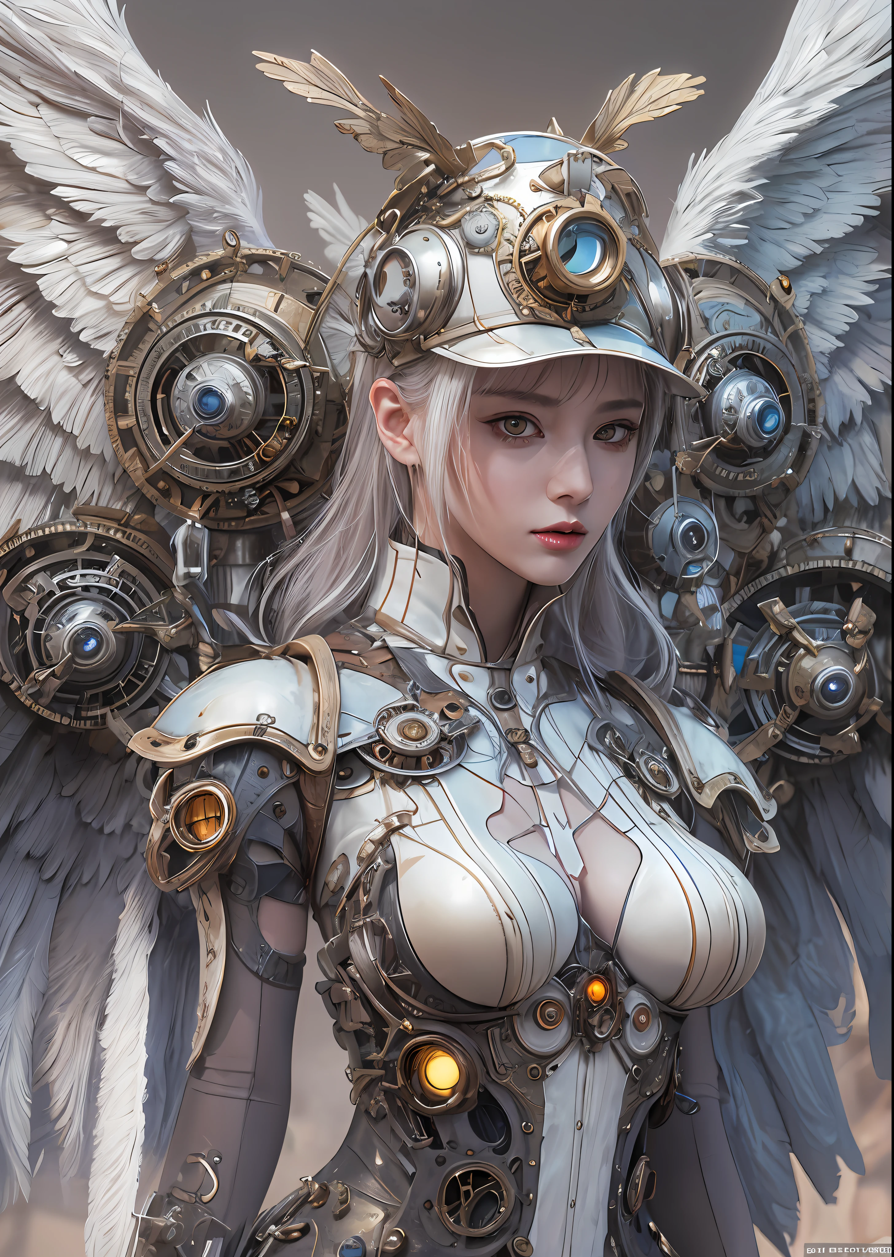 top-quality、masterpiece、超A high resolution、(Photorealsitic:1.4)、Raw photo、Steampunk Battle Cyborg Angel、large wings made of metal、White porcelain body、Acrylic Clear Cover、white hair、glowy skin、1 steampunk cyborg girl、((super realistic details))、portlate、globalillumination、Shadow、octan render、8K、ultrasharp、character edge light,Colossal tits、Raw skin is exposed in cleavage、Details of complex ornaments、Details of the steam engine、Hydraulic cylinder、Small LED lamp、highly intricate detail、Realistic light、a purple eye、radiant eyes、Facing the camera、neon details、cowboy shot、Futuristic headgear、About steampunk、、