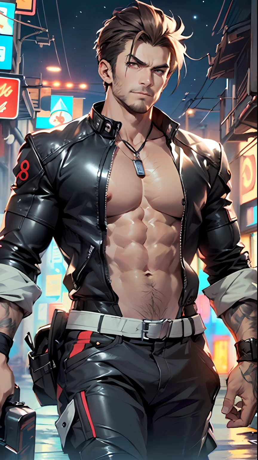 muscular man,(((1man))),((anime man muscular walking down the street)),

(((1male,man,handsome man,male,male gender,male focus))),

((short white hair)),(((lustrous skin:1.5,tanned skin,bright skin: 1.5,skin tanned,shiny skin,very shiny skin,shiny body))),((detailed eyes,perfect eyes,rainbow glows ultra-detailed orange brown eyes:1.1,gradient eyes:1,finely detailed beautiful eyes:1,symmetrical eyes:1,big highlight on eyes:1.2,exaggerated muscles, exaggerated shoulders, very muscular and huge)),man chest,handsome face,((((muscular,hairy body,muscular man,tall,big biceps,abs,big thighs,broad shoulders,open chest)))),((hand consists of a short thumb and four fingers,a hand with only five fingers,reference to the hand)),(((square jaw))),

alluring look,nsfw,

(((bare chest, shirtless))),motorcyclist pants,((bulge in pants)),((motorcyclist outfit)),(wearing a motorcyclist outfit:1.3,motorcyclist clothes),(detailed outfit,detailed clothes),

(dynamic pose:1.0),solo focus,((evil smile,evil look)),centered,scale to fit dimensions,Rule of thirds,

outdoors, ((night view)), (cyberpunk night street Background: 1.5,dark sky,alleyway,lonely alley,thick clouds, detailed background:1.25),

(best quality), (high resolution), (sharp focus), (ultra detailed), (extremely detailed), (extremely high quality artwork), 8k_wallpaper, (extremely detailed CG 8k),(very fine 8K CG), ((hyper super ultra detailed perfect piece)), flawless, (((masterpiece))), illustration, vibrant colors,  (intricate), High contrast, Selective lighting, Double exposure, HDR (High Dynamic Range), Post-processing, Background blur,