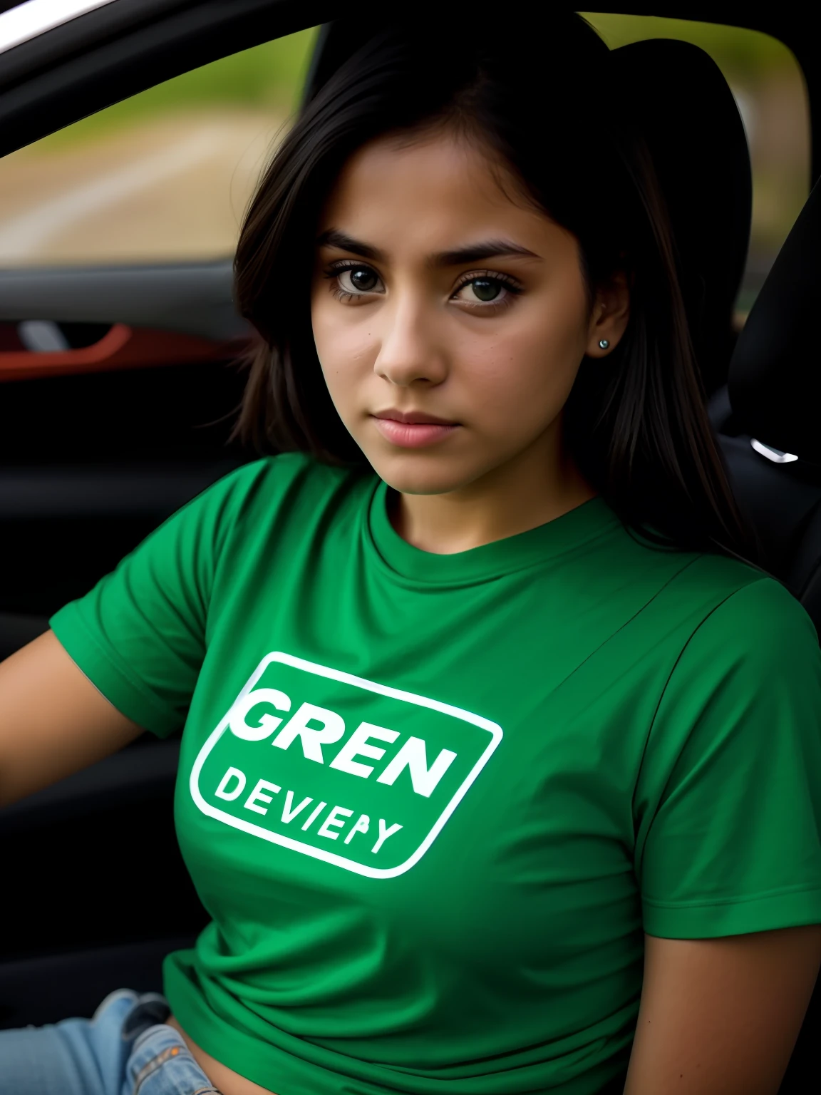 Girl driving car, sad face, green tshirt, green theme, real person, cinematic, dslr, real person
