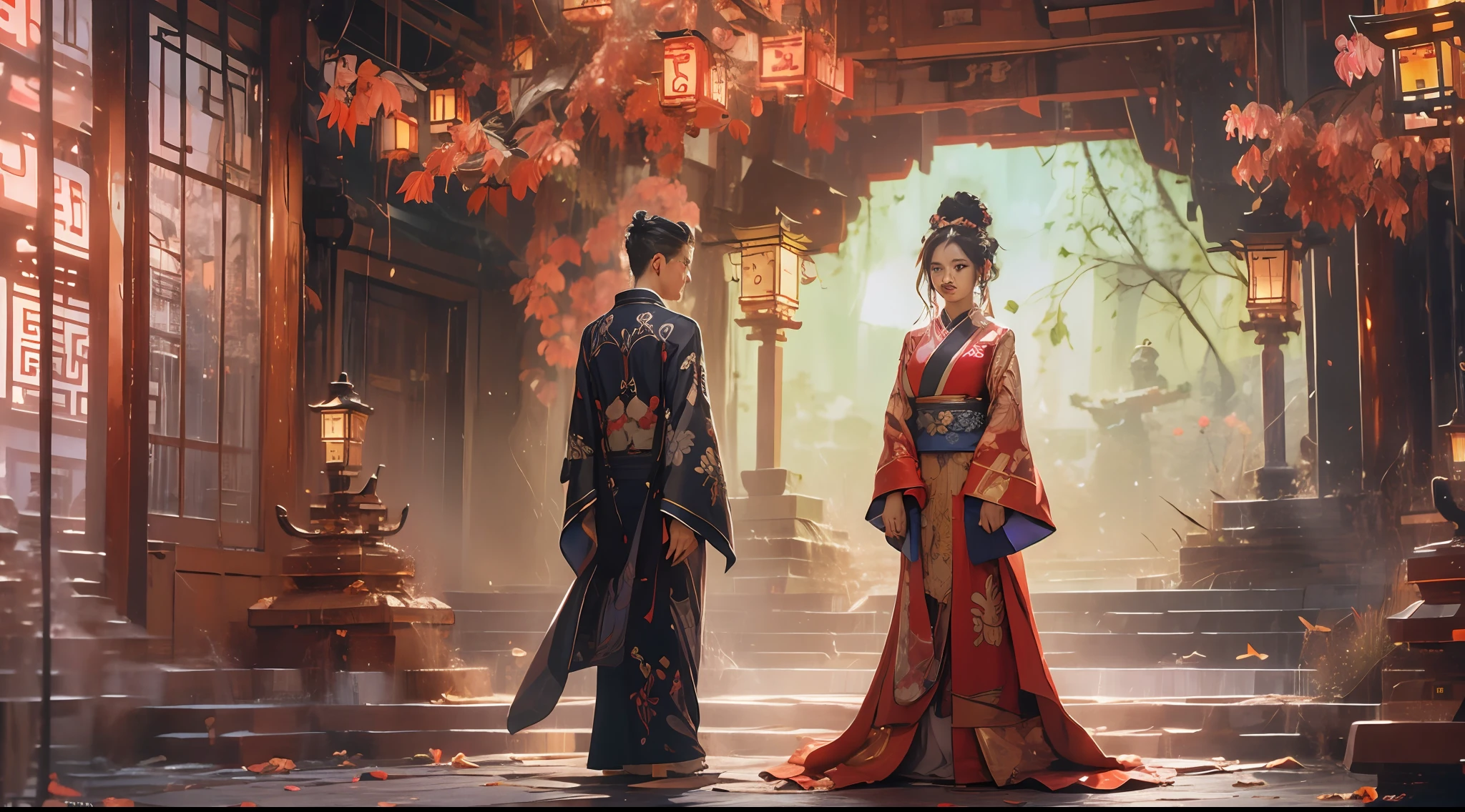 （tmasterpiece：1.2），best qualtiy，realisticlying，Tyndall effect，Underworld marriage，Spooky atmosphere，natta，Red palace lamp， The tree， scenecy， exteriors， "Young, Handsome and beautiful aristocratic couple traveling in the underworld，Detailed eyes，Clear facial features"，Japanese clothes， east asian architecture， buliding， Skysky， nigh sky， stairways，amaryllis