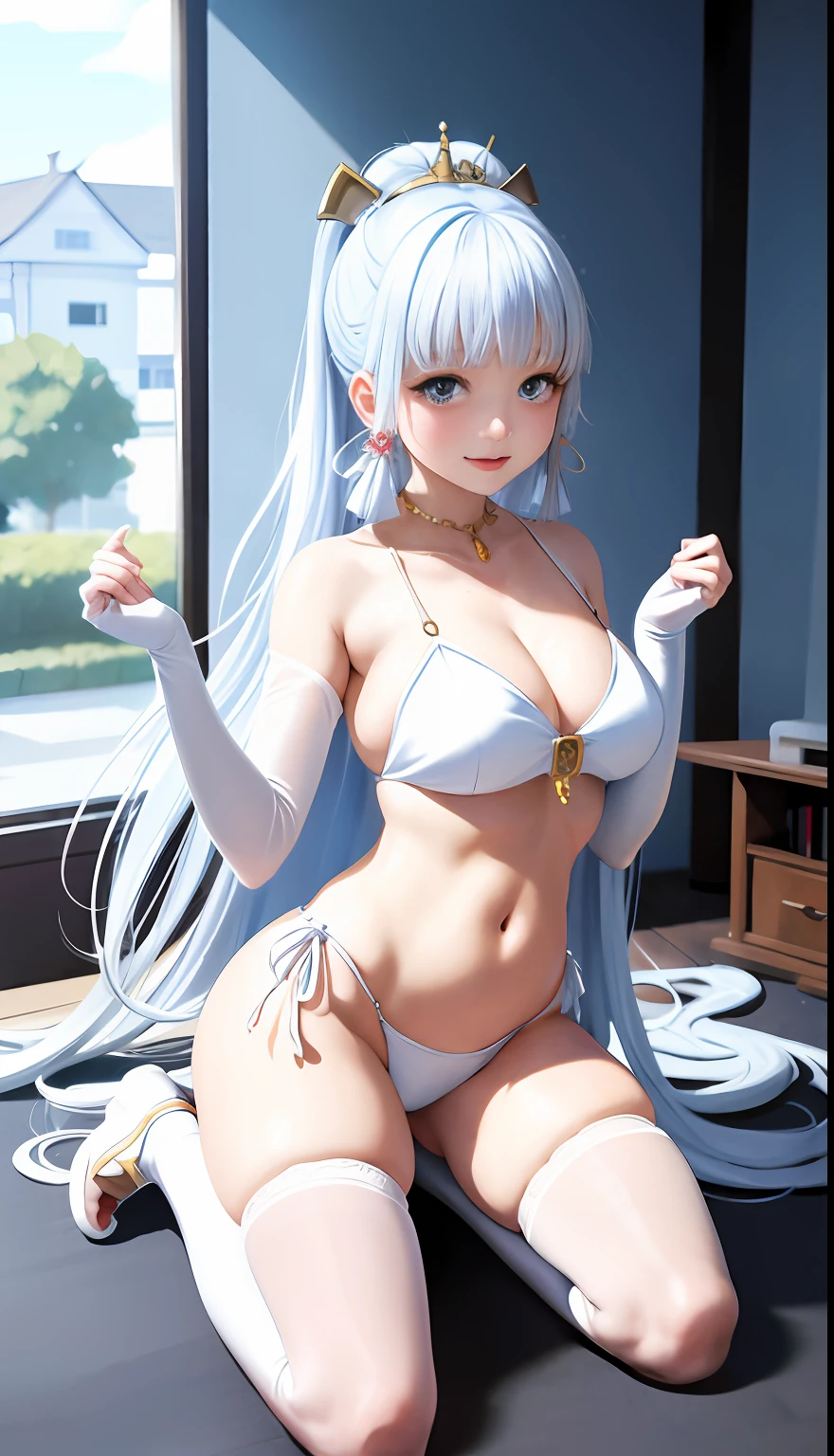 A woman in a white bikini and white stockings poses for a photo, Anime girl cosplay, Anime goddess, cosplay, elegant glamourous cosplay, Anime cosplay, Japanese goddess, Beautiful goddess, seductive anime girls, full-cosplay, Gorgeous Role Play, glamourous cosplay, cosplay foto, Ayaka cosplay, Beautiful teenage girl, a beautiful fantasy empress, dressed in a beautiful white, revealing outfit，（Big red snowflake tattoo on the lower abdomen）