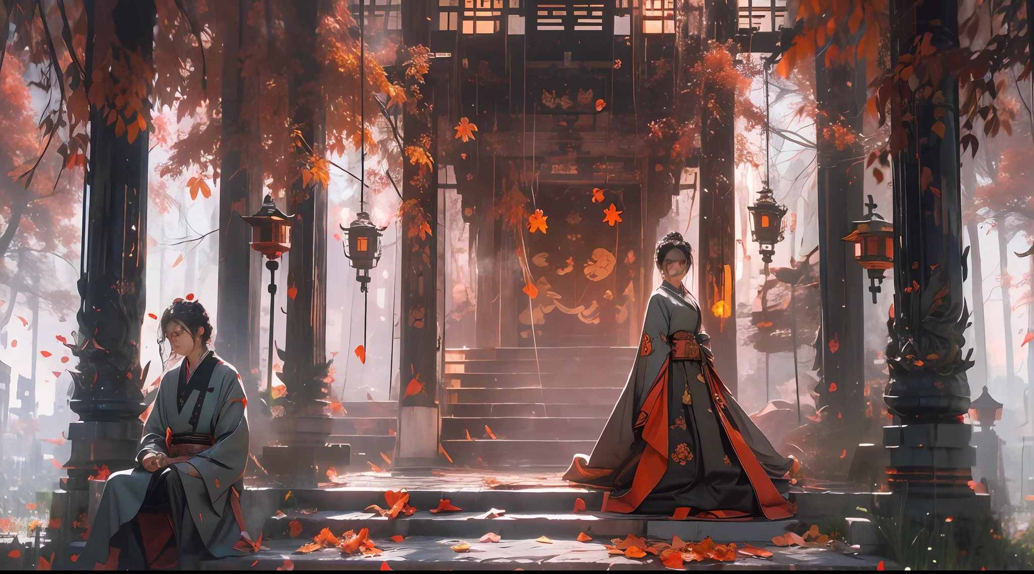 (tmasterpiece:1.2),best qualtiy,realisticlying,Tyndall effect,Underworld marriage,Spooky atmosphere,natta,Red palace lamp, The tree, scenecy, exteriors, "Young, Handsome and beautiful aristocratic couple traveling in the underworld,Detailed eyes,Clear facial features",Japanese clothes, east asian architecture, buliding, Skysky, nigh sky, stairways,amaryllis