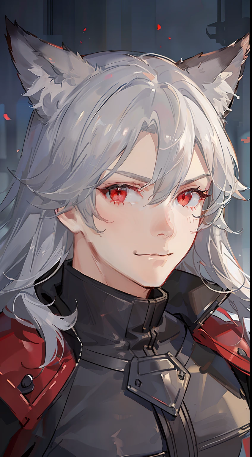 Young guy, long gray hair, red-eyes, brawn, wolf ears, leather armour, smirk, Masterpiece, hiquality